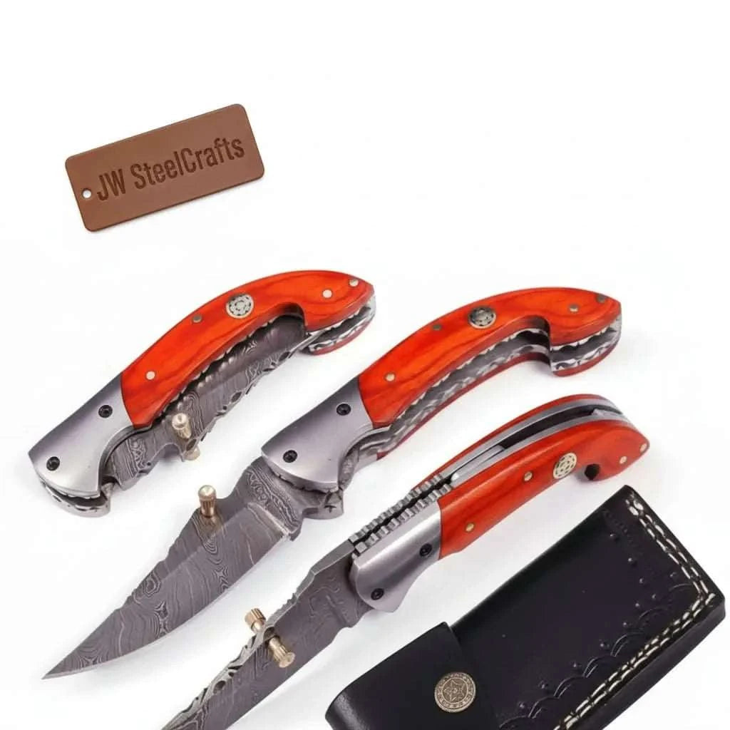 Palmarius Outdoors Handmade Damascus Folding Knife with Orange Pakka Wood Handle & Leather Sheath Liner Lock Folder