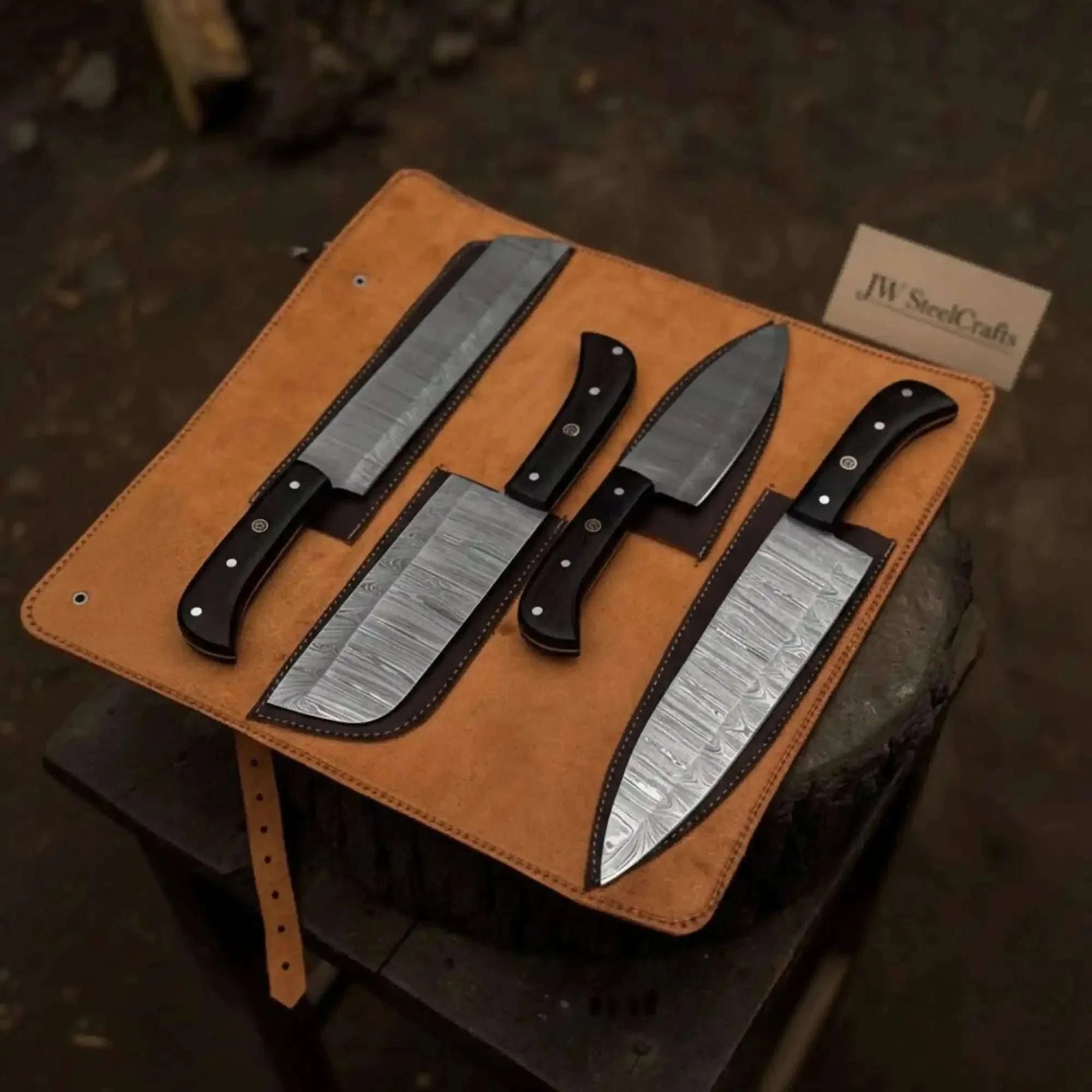 Palmarius Outdoors 4-Piece Damascus Steel Kitchen Knife Set — Chef, Santoku, Cleaver & Utility Handmade Chef Knife Sets