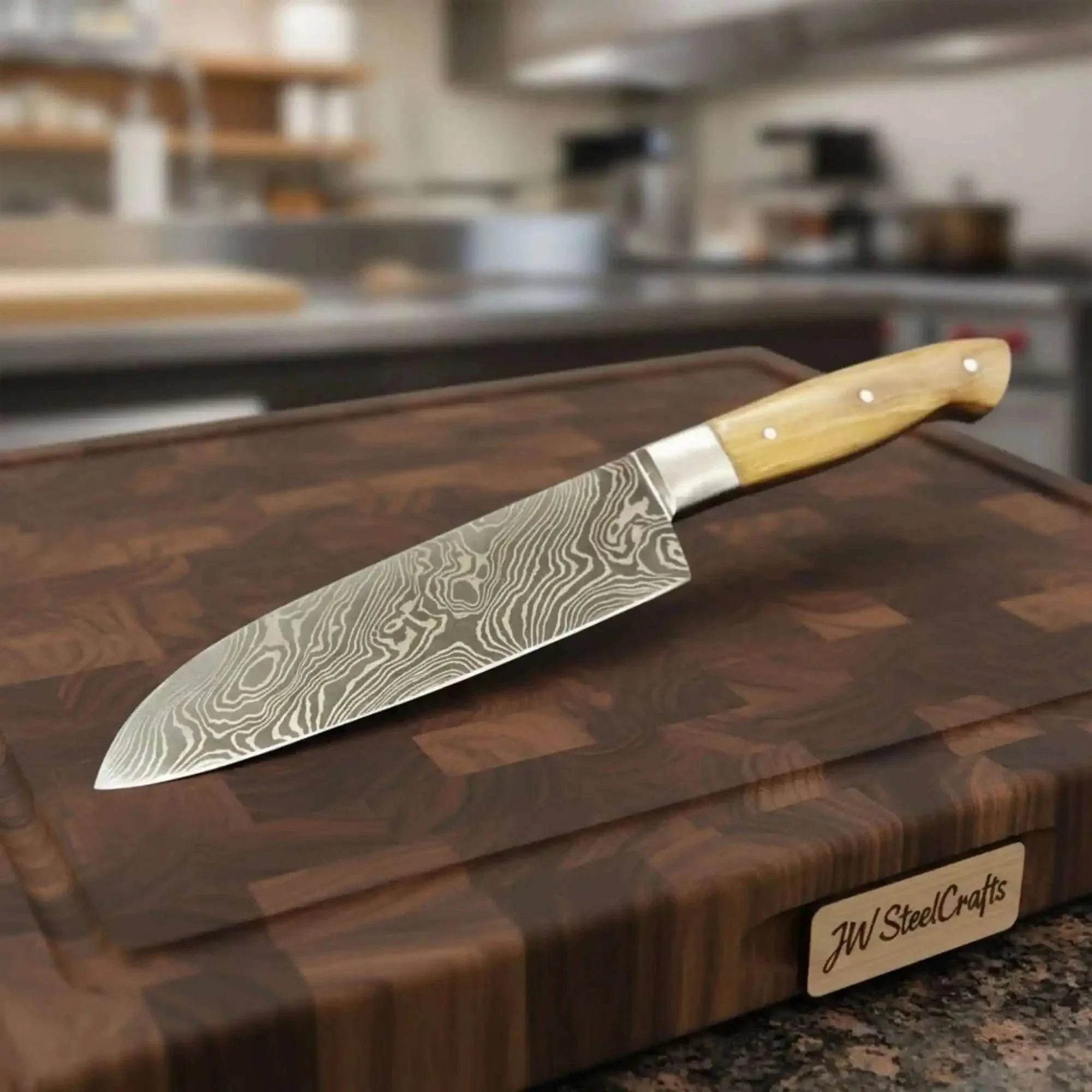 Palmarius Outdoors Handmade Damascus Gyuto Chef Knife – Olive Wood Handle, Steel Bolster & Full Tang Blade Damascus Steel Chef Knives
