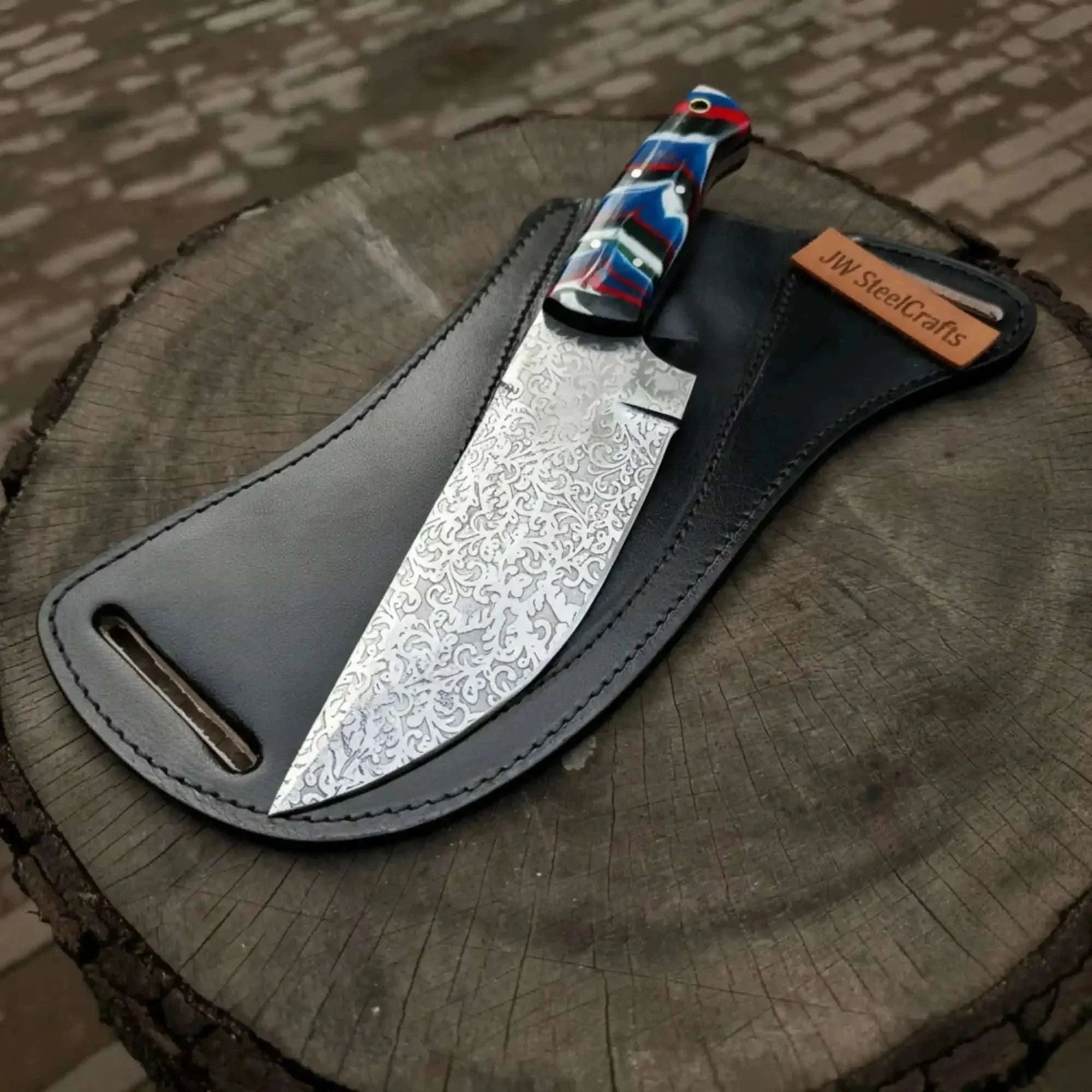 Palmarius Outdoors Serbian Utility Knife 9” – Acid Etched Blade with Resin Handle & Leather Sheath