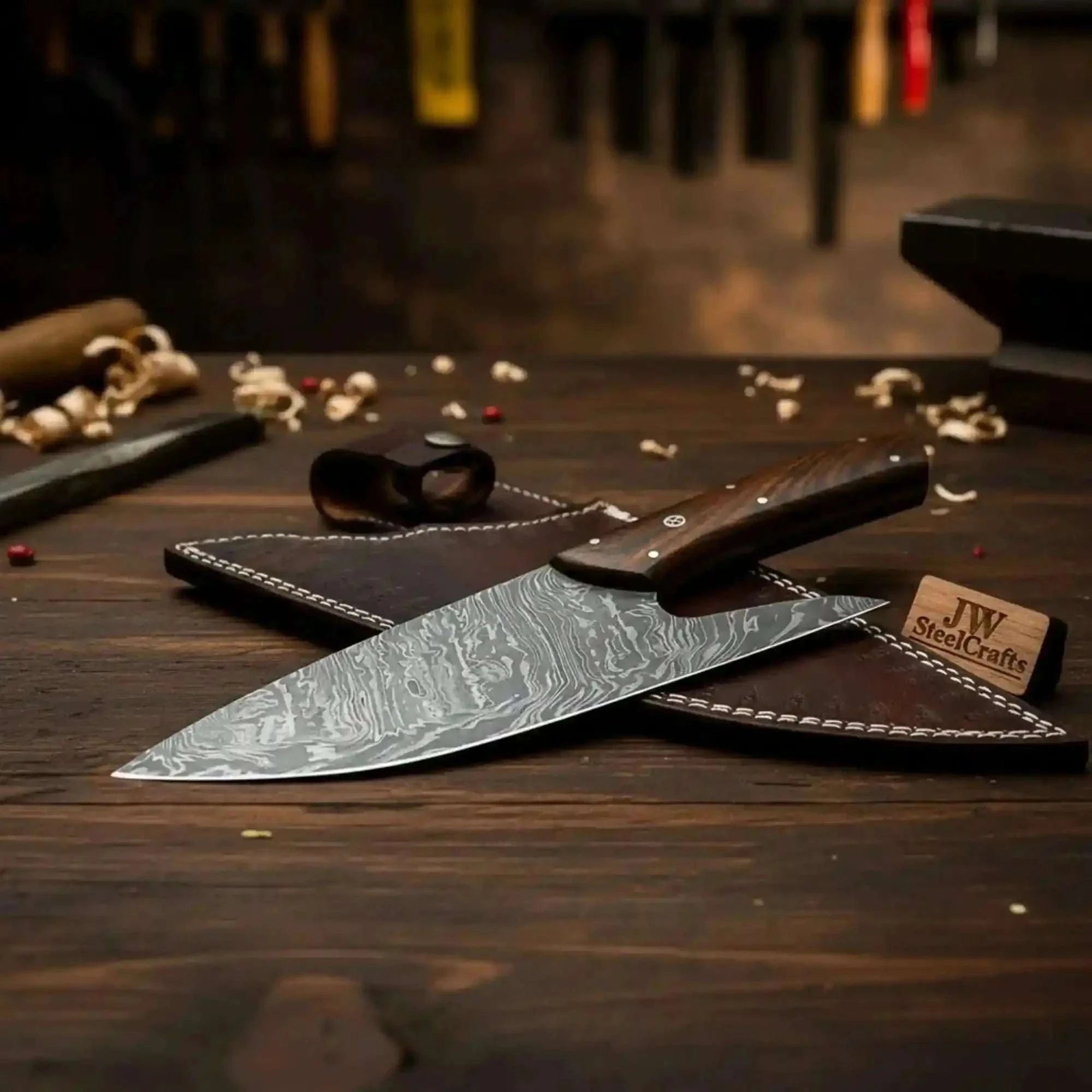 Palmarius Outdoors French-Style Damascus Chef Carving Knife – Fire Pattern Blade, 10" Overall, Rosewood Handle with Mosaic & Brass Pins Cleaver Knives