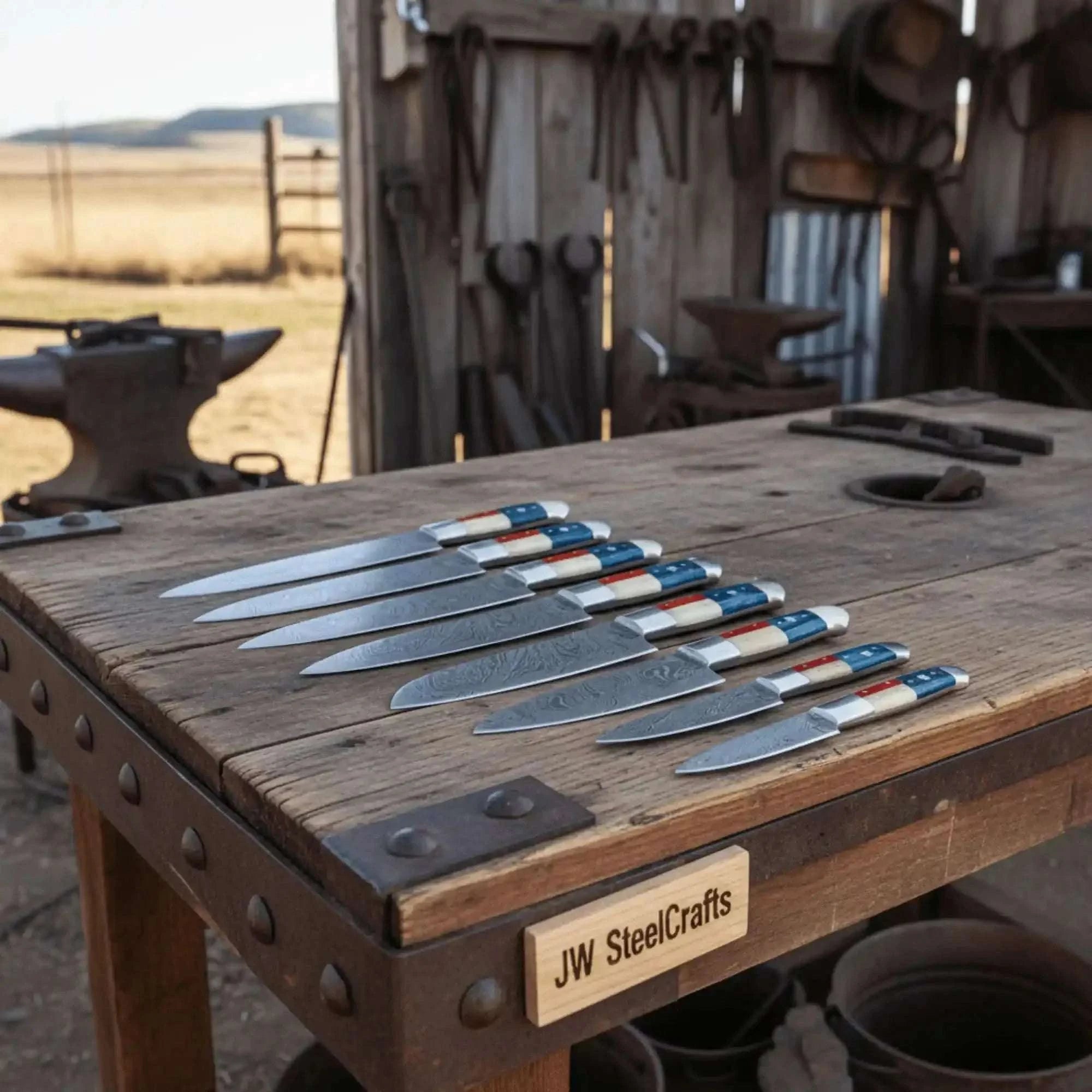 Palmarius Outdoors 8-Piece Damascus Kitchen Knife Set — Texas Flag Handles, Full Tang Chef, Bread, Santoku, Utility & Paring Knives Handmade Chef Knife Sets