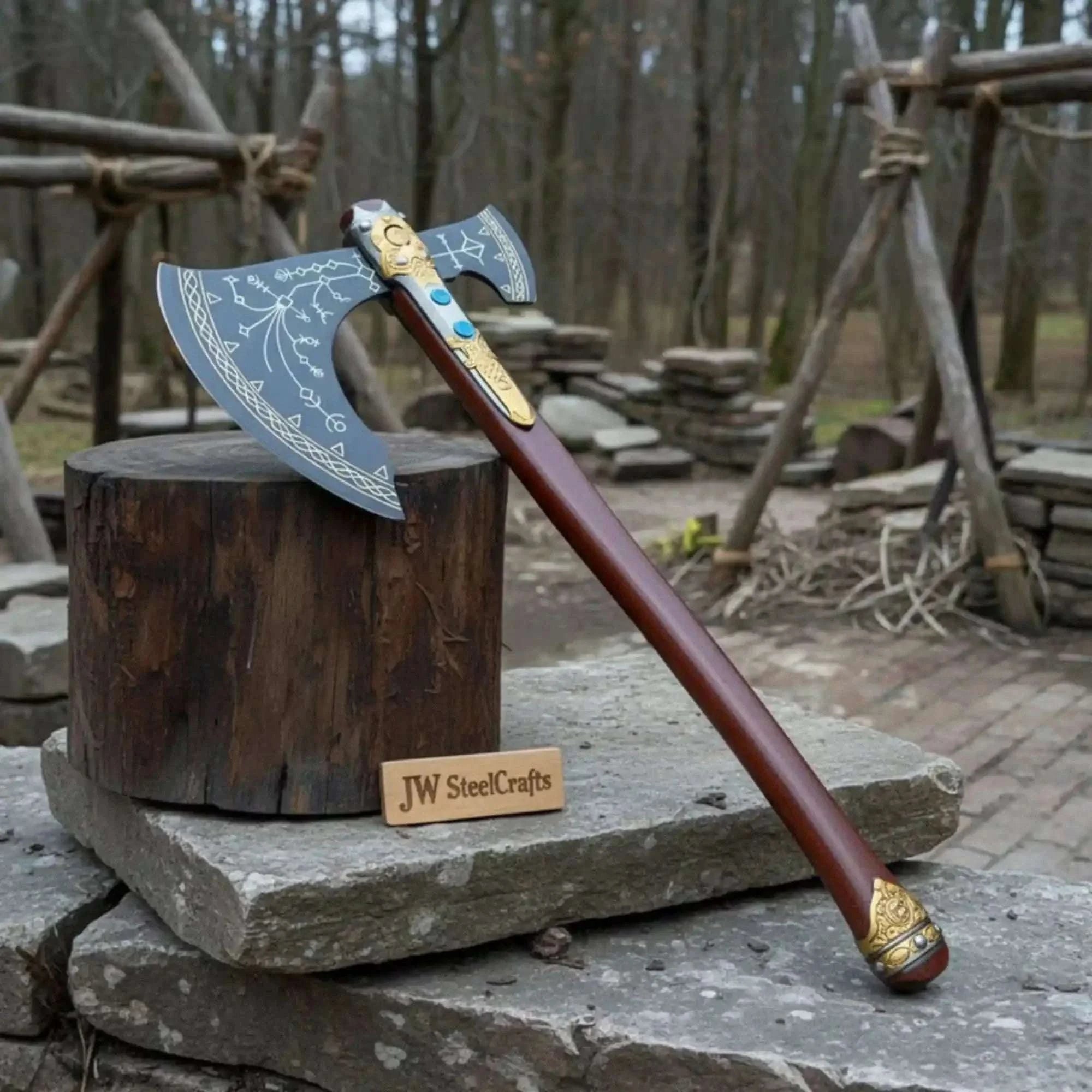 Palmarius Outdoors Hand Forged Viking Fantasy Double-Bit Axe with Norse Engraving, Gold Handle Fittings and Blue Gemstone Inlays Handmade Axe