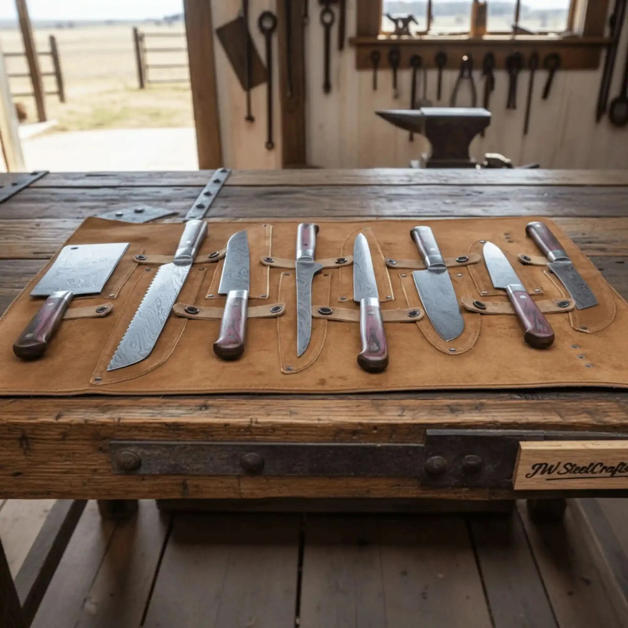 8-Piece Damascus Kitchen Knife Set — Red Pakka Wood Handles