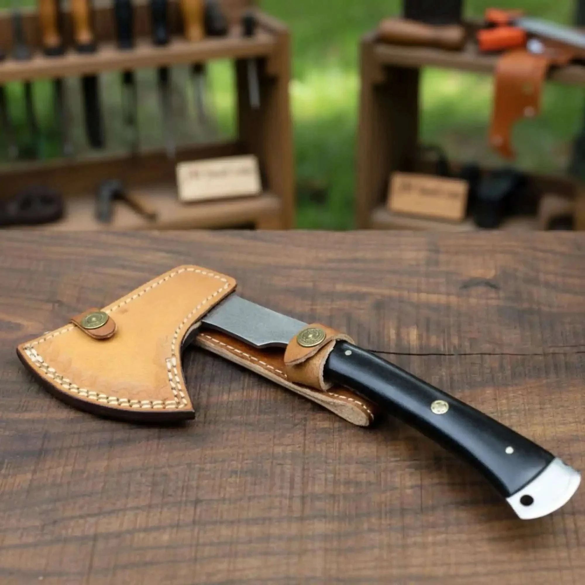 Palmarius Outdoors Damascus Full Tang Camping Hatchet with Raindrop Forged Head Handmade Axe