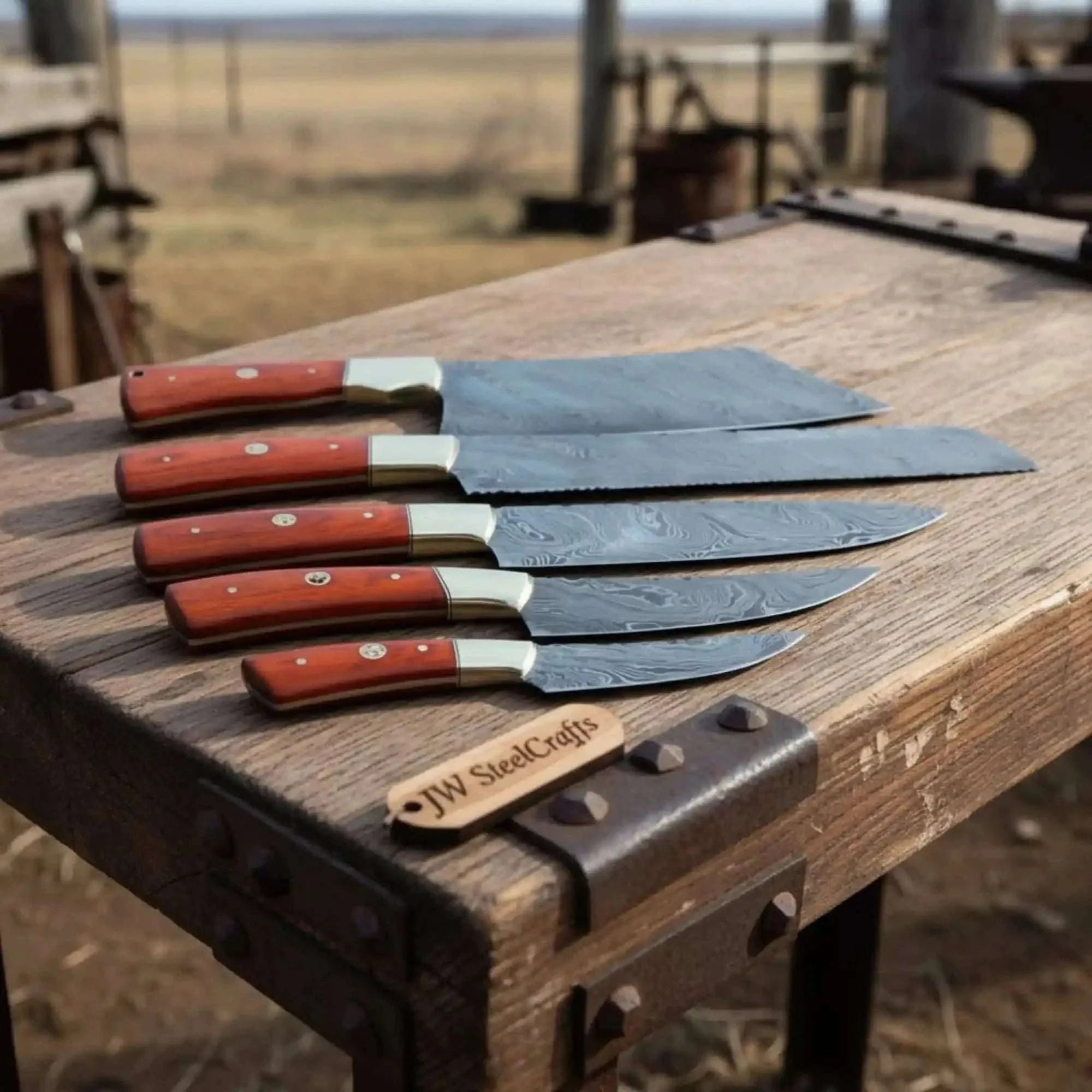 Palmarius Outdoors 5 Piece Damascus Kitchen Knife Set with Rosewood Handles, Cleaver Bread Chef Utility and Paring Knives, Handmade Professional Cooking Set Handmade Chef Knife Sets