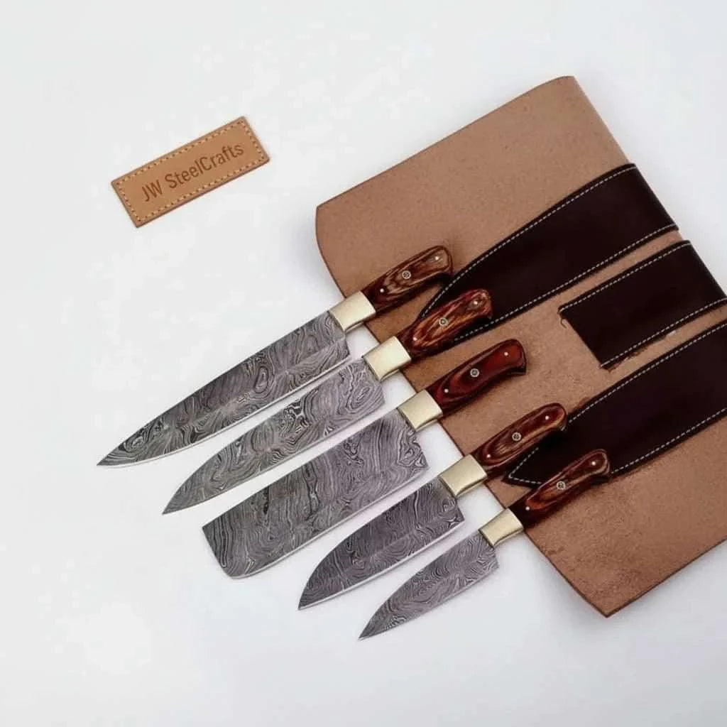 Palmarius Outdoors 5-Piece Forged Damascus Culinary Knife Set with Pakka Wood Handles and Wood Grain Blades Handmade Chef Knife Sets
