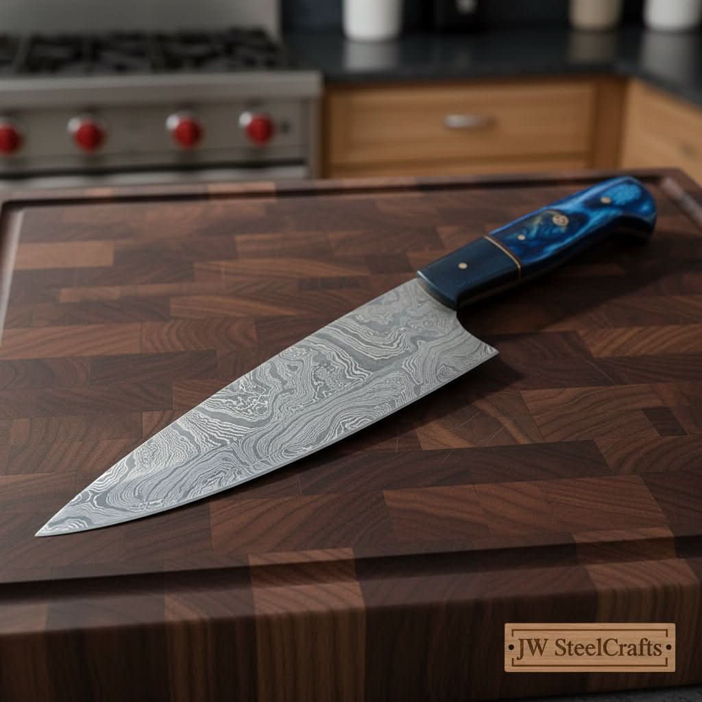 Palmarius Outdoors Chef Knife, Raindrop Pattern Damascus Steel Blade, Blue Resin and Black Wood Handle, Full Tang Professional Kitchen Knife, JW SteelCrafts Damascus Steel Chef Knives
