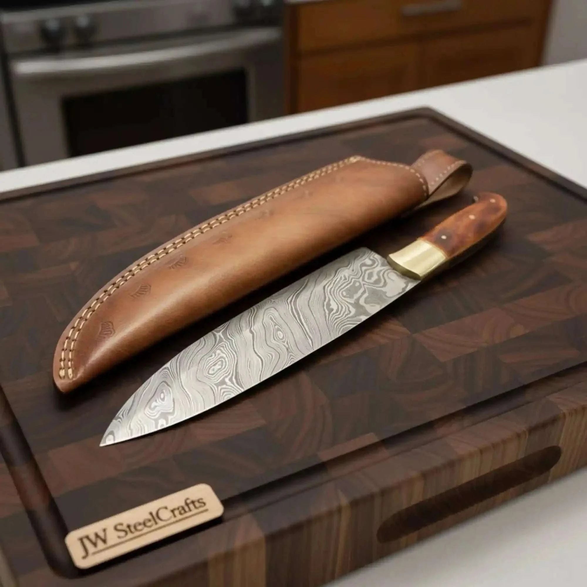 Palmarius Outdoors 14-Inch Handmade Damascus Chef Knife – Brown Handle & Brass Bolster | Layered Damascus Blade | Hand-Stitched Leather Sheath Included Chef Knife