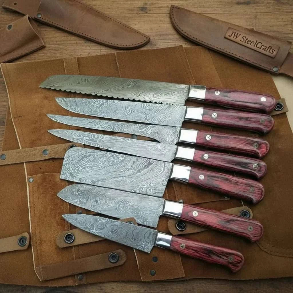 Palmarius Outdoors 8-Piece Damascus Kitchen Knife Set — Red Pakka Wood Handles Handmade Chef Knife Sets