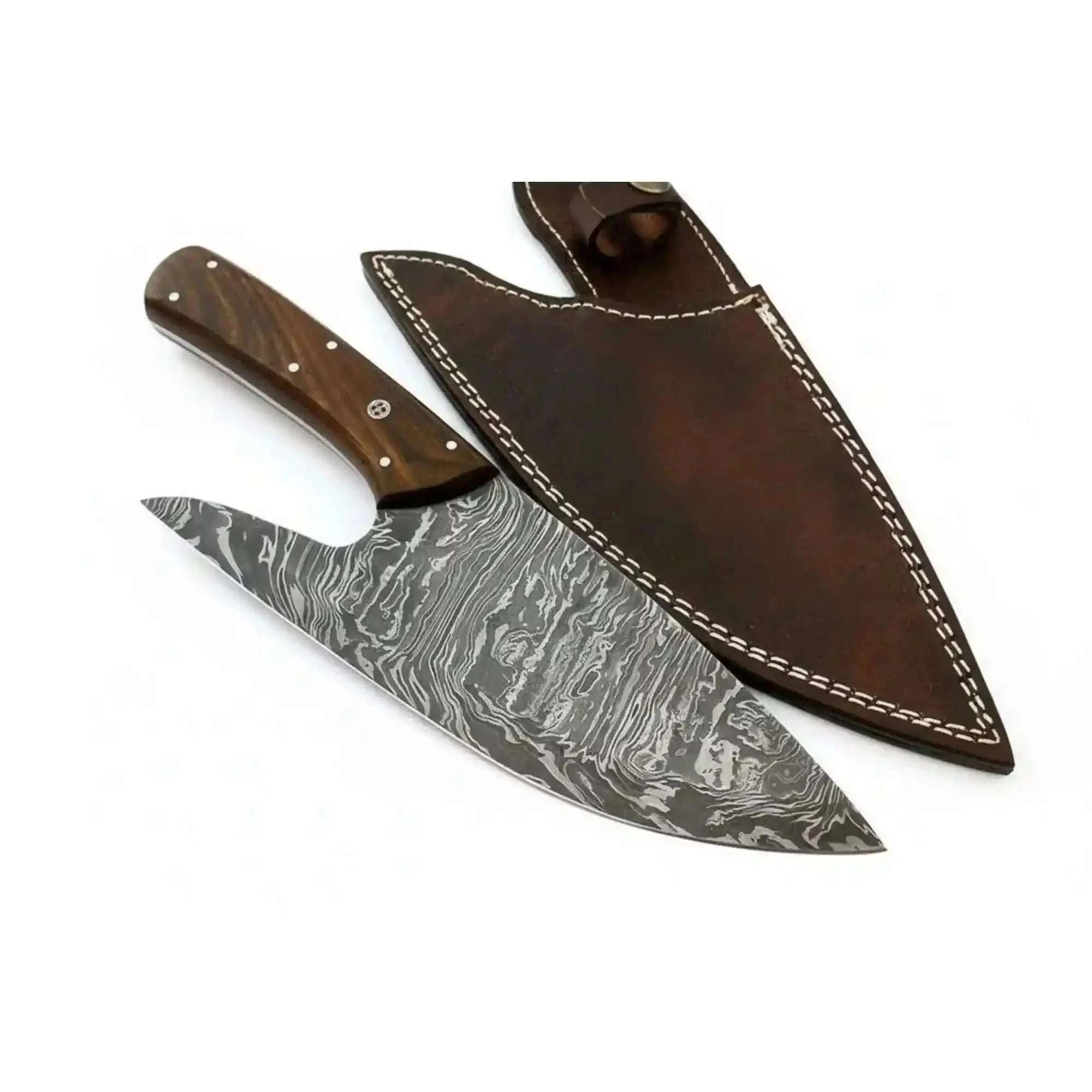 Palmarius Outdoors Handmade Fire Pattern Damascus Camp Utility Knife – 12” Fixed Blade with Rosewood Handle & Leather Sheath Cleaver Knives