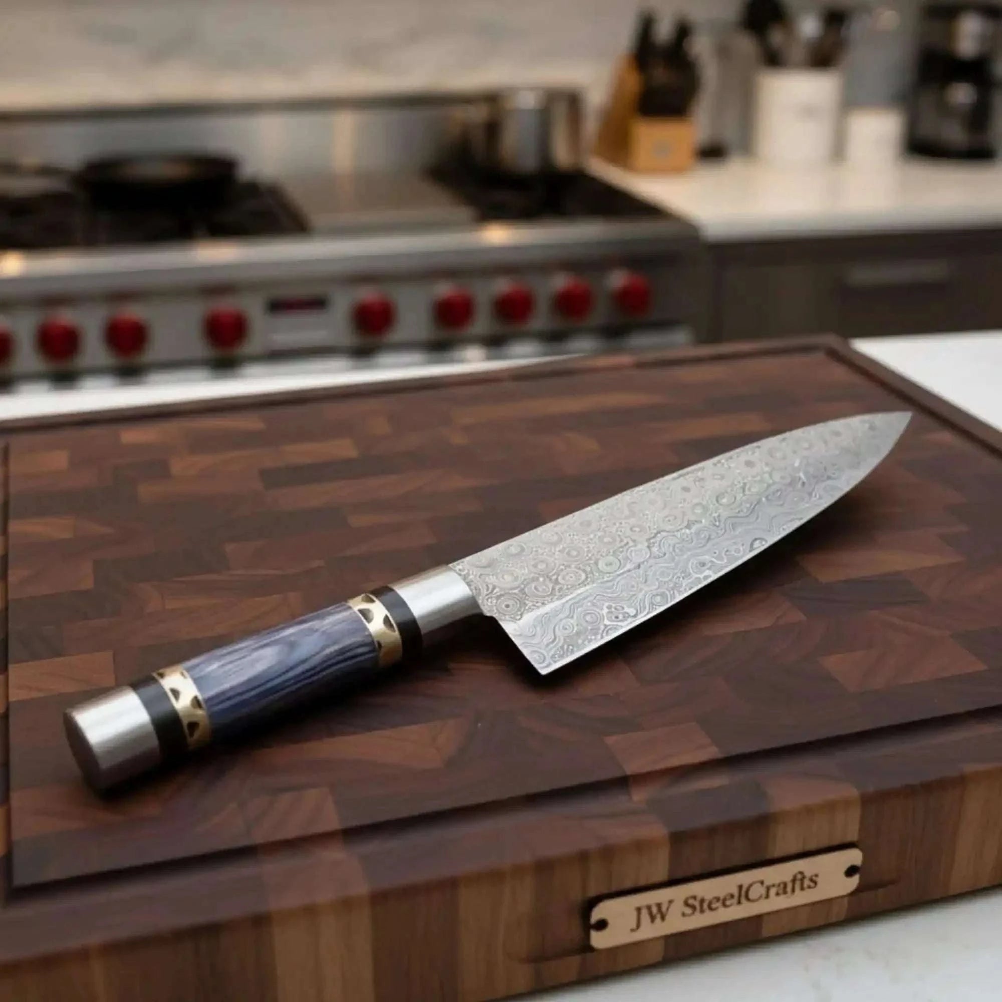 Palmarius Outdoors 11" Raindrop Damascus Chef Knife — 6" Blade, Purple Pakka Wood Handle with Brass Spacer & Steel Pommel Santoku Knife