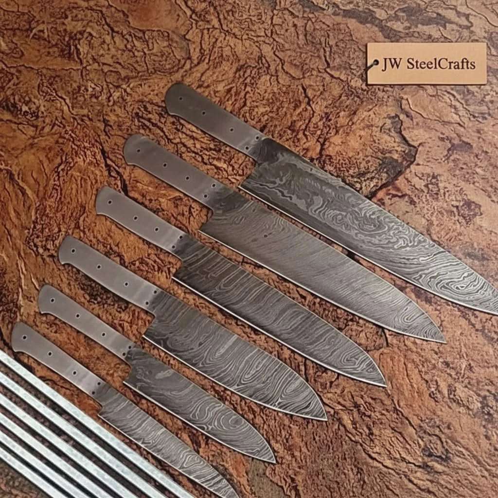 Palmarius Outdoors 6-Piece Handmade Damascus Chef Knife Blank Set, Forged Steel Blades, Custom Knife Making Supply Chef Knife