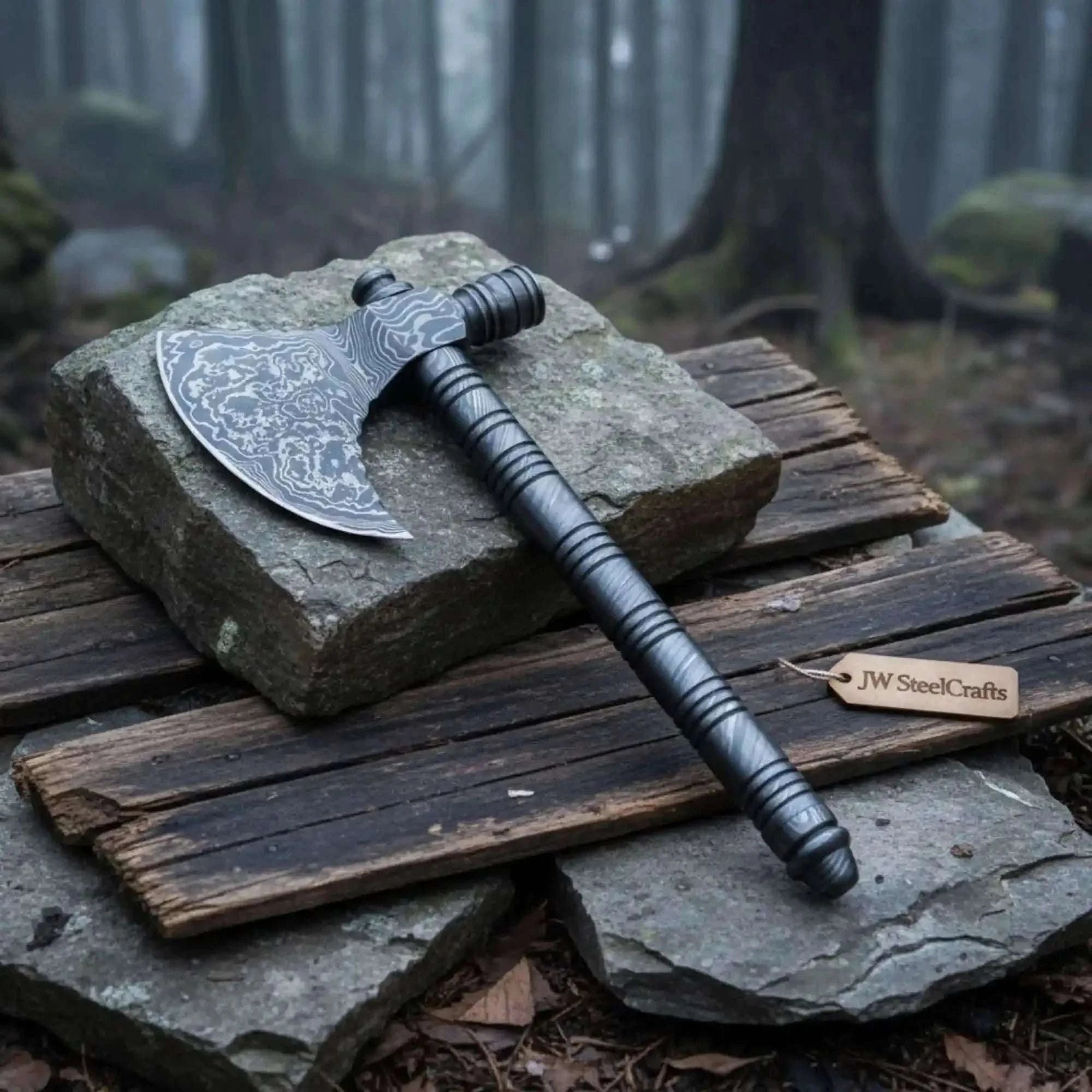 Palmarius Outdoors Artisan Damascus Smoking Axe – Functional Tobacco Pipe with Sculpted Hardwood Shaft Handmade Axe