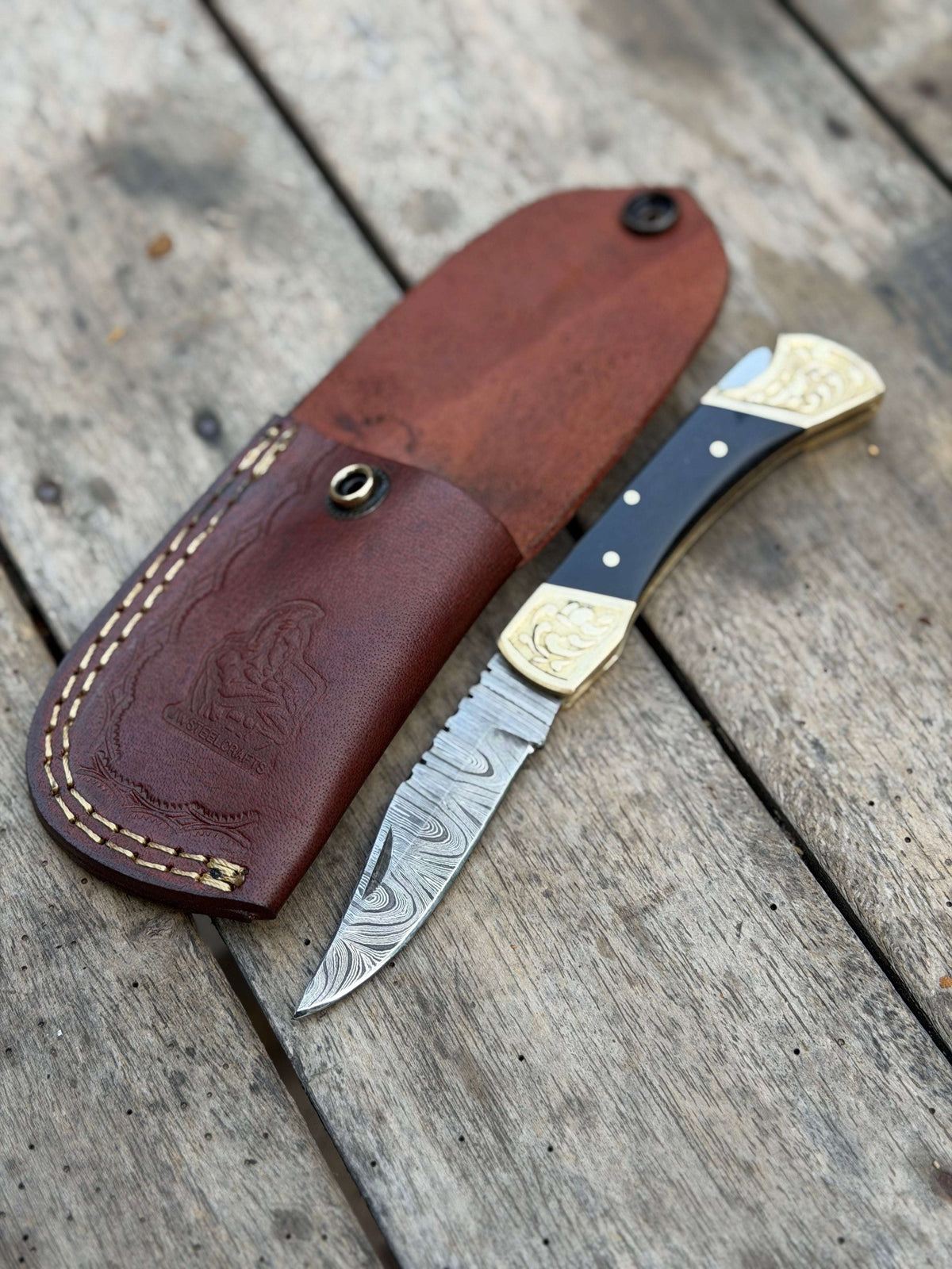 Palmarius Outdoors Handmade Brass Crown Folding Hunter 8" with black resin and horn handle Folding Knife
