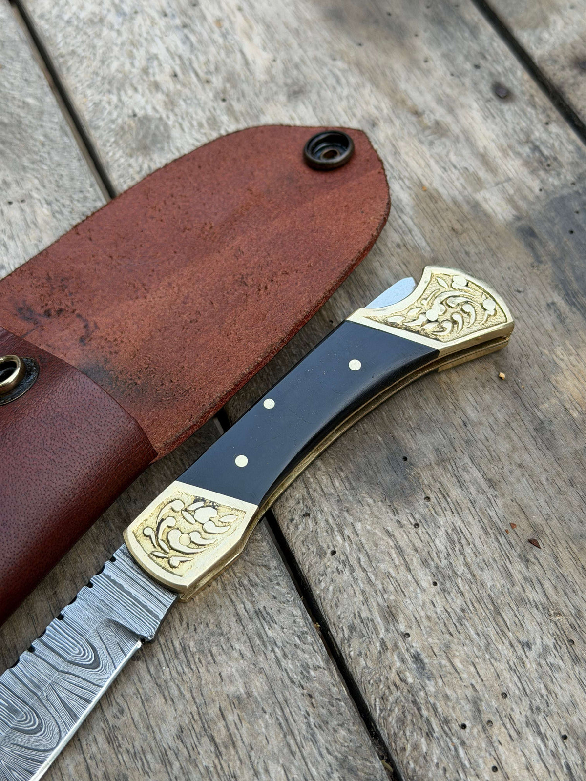 Palmarius Outdoors Handmade Brass Crown Folding Hunter 8" with black resin and horn handle Folding Knife
