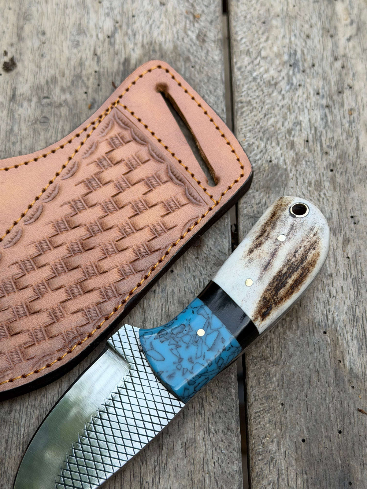 Palmarius Outdoors Handmade Turquoise Antler Skinner Duo set of 2 with natural stag antler handles Skinner Knife