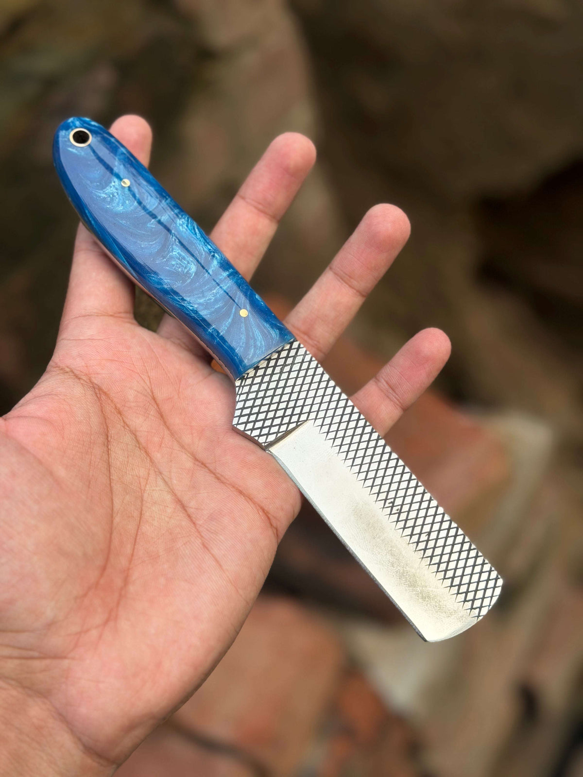 Palmarius Outdoors Handmade Farrier Bull Rasp Knife 8" with blue and white swirl resin handle
