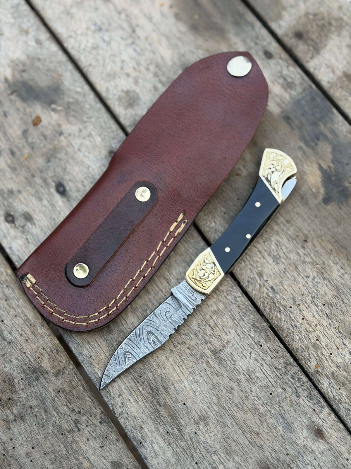 Palmarius Outdoors Handmade Brass Crown Folding Hunter 8" with black resin and horn handle Folding Knife