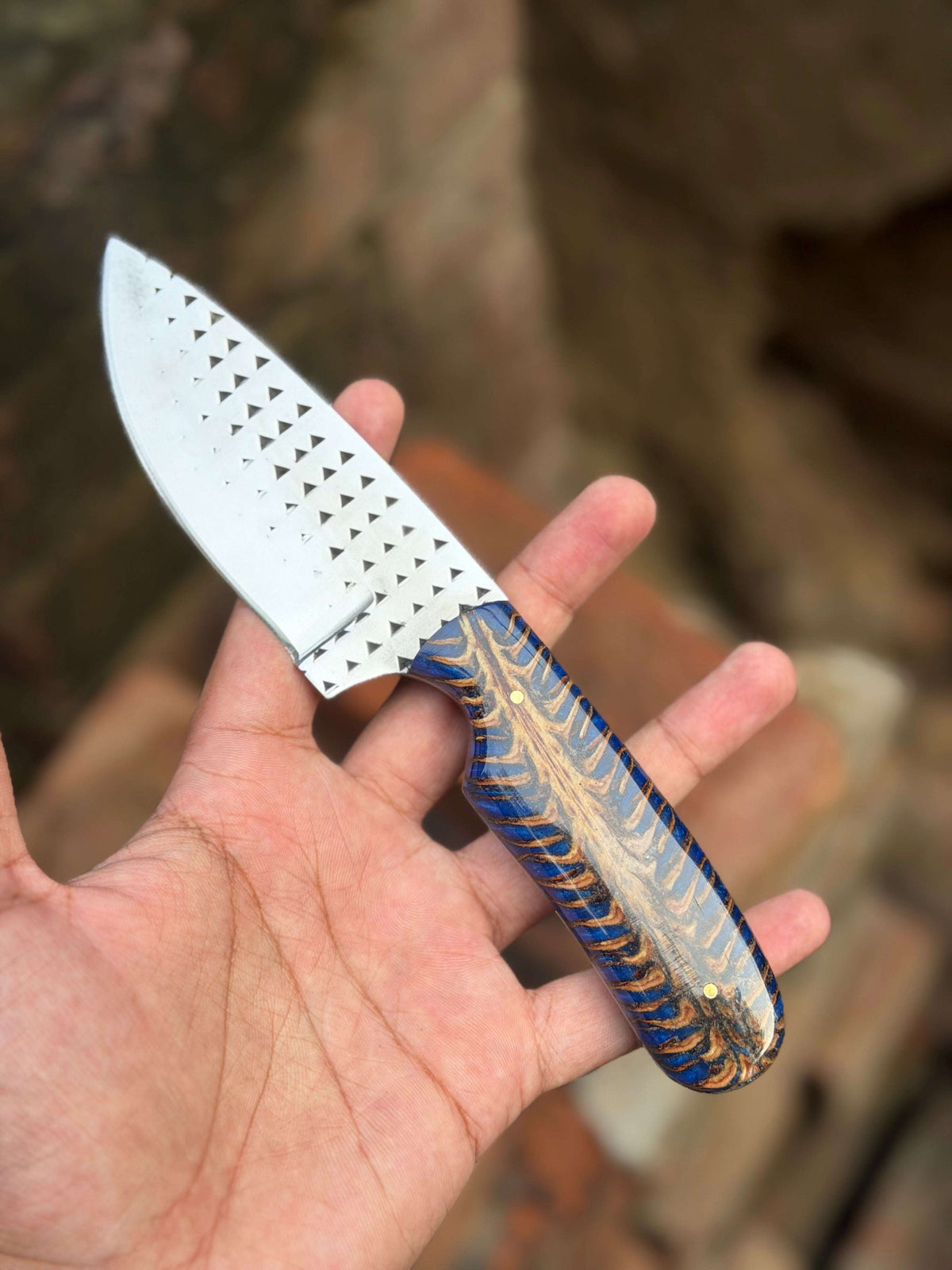 Palmarius Outdoors Handmade Blue Rustler Cowboy Knife 9" with blue and brown swirl resin handle cowboy knives