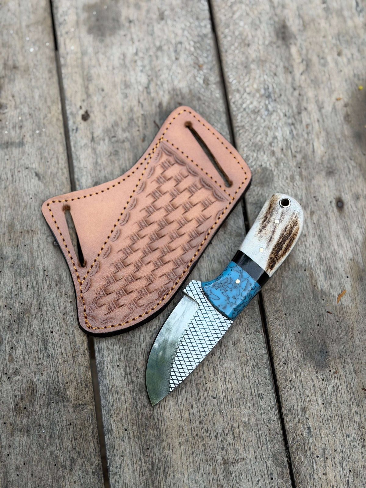 Palmarius Outdoors Handmade Turquoise Antler Skinner Duo set of 2 with natural stag antler handles Skinner Knife