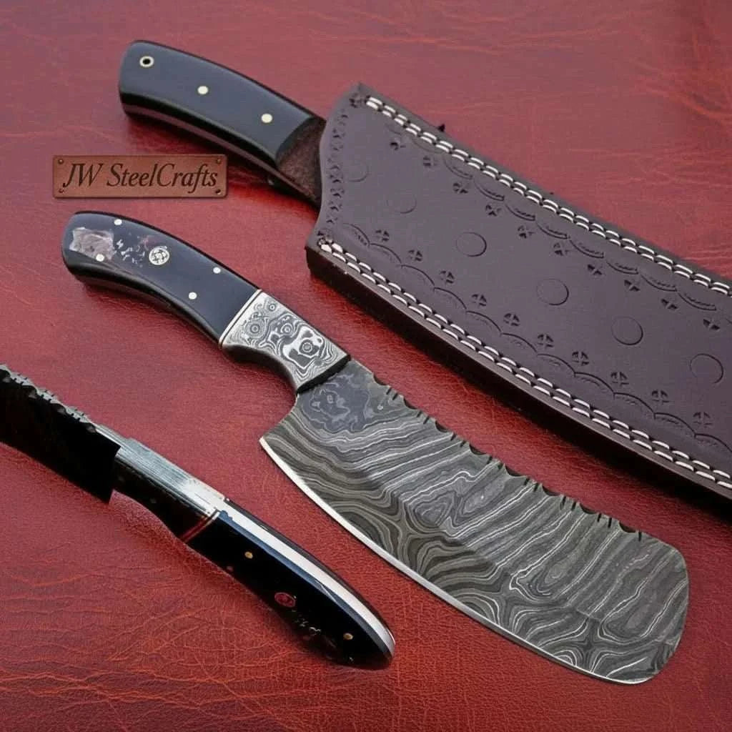 Palmarius Outdoors 10-Inch Forged Damascus Nakiri Chopper — Ladder Pattern Blade, Engraved Damascus Bolster, Black Resin Handle & Tooled Leather Sheath Skinner Knife