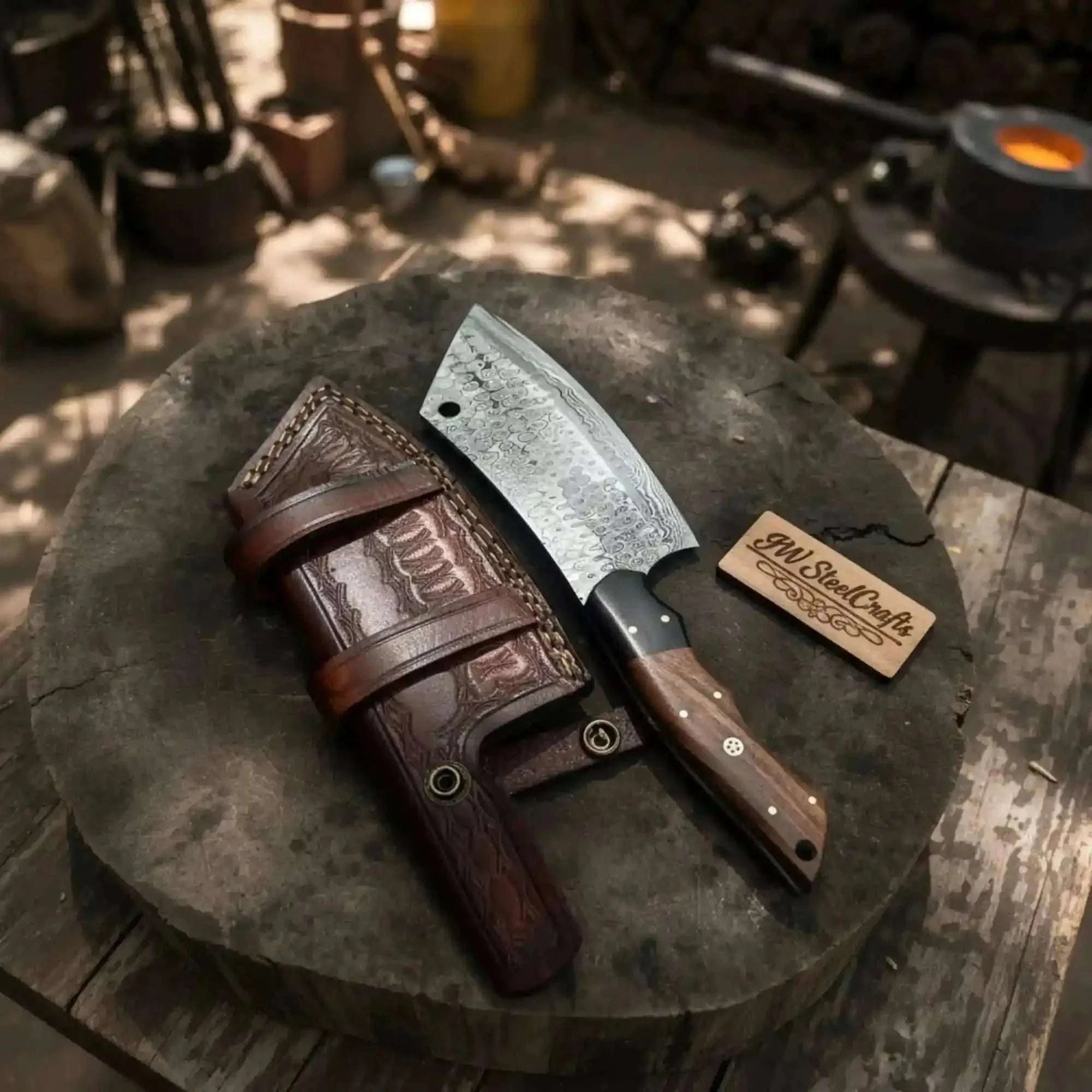 Palmarius Outdoors Hand-Forged Damascus Kiritsuke Cleaver Chef Knife — Raindrop Blade Full Tang Cleaver Knives