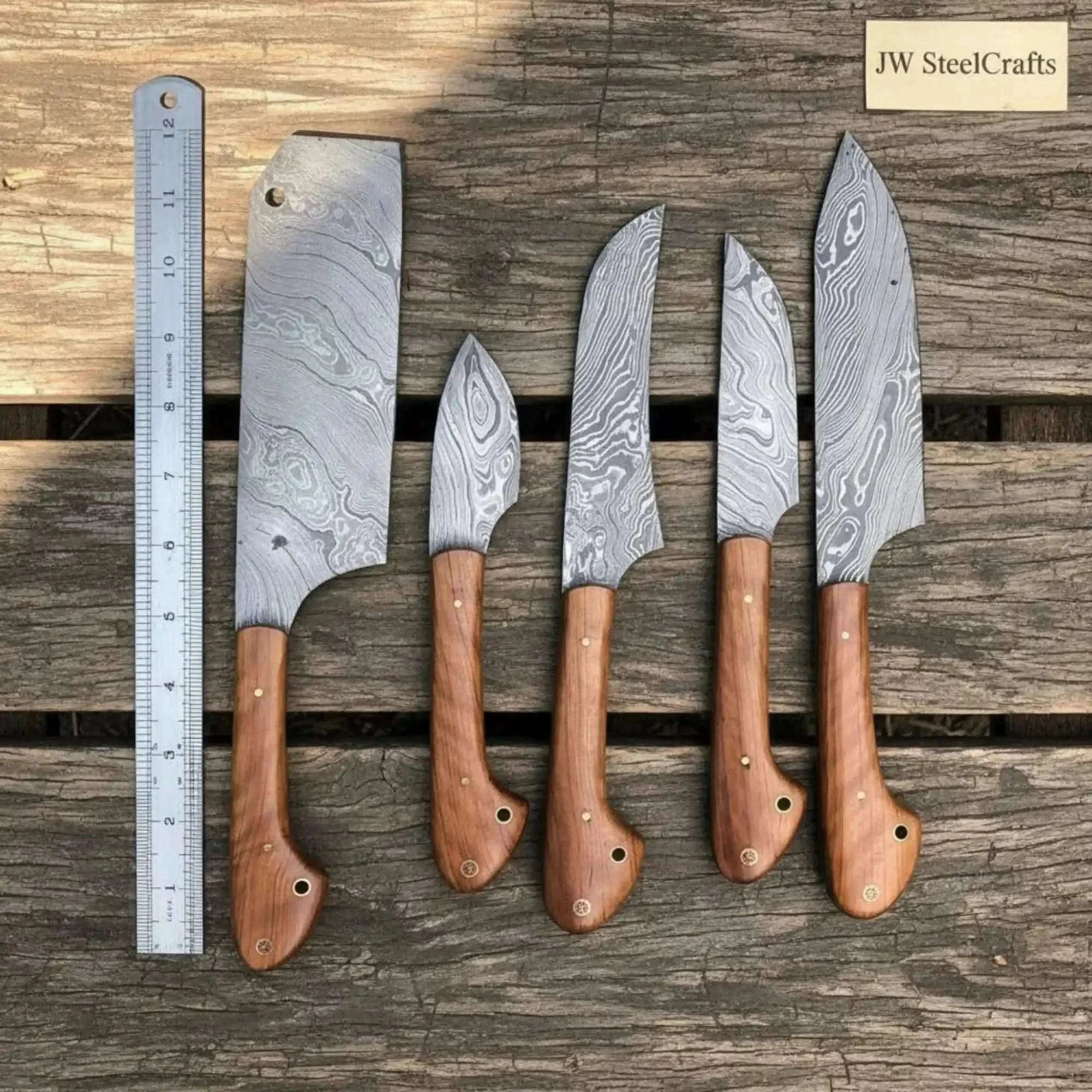 Palmarius Outdoors 5-Piece Damascus Kitchen Knife Set — Cleaver, Chef, Utility, Boning & Paring with Olive Wood Handles & Brass Pins Handmade Chef Knife Sets