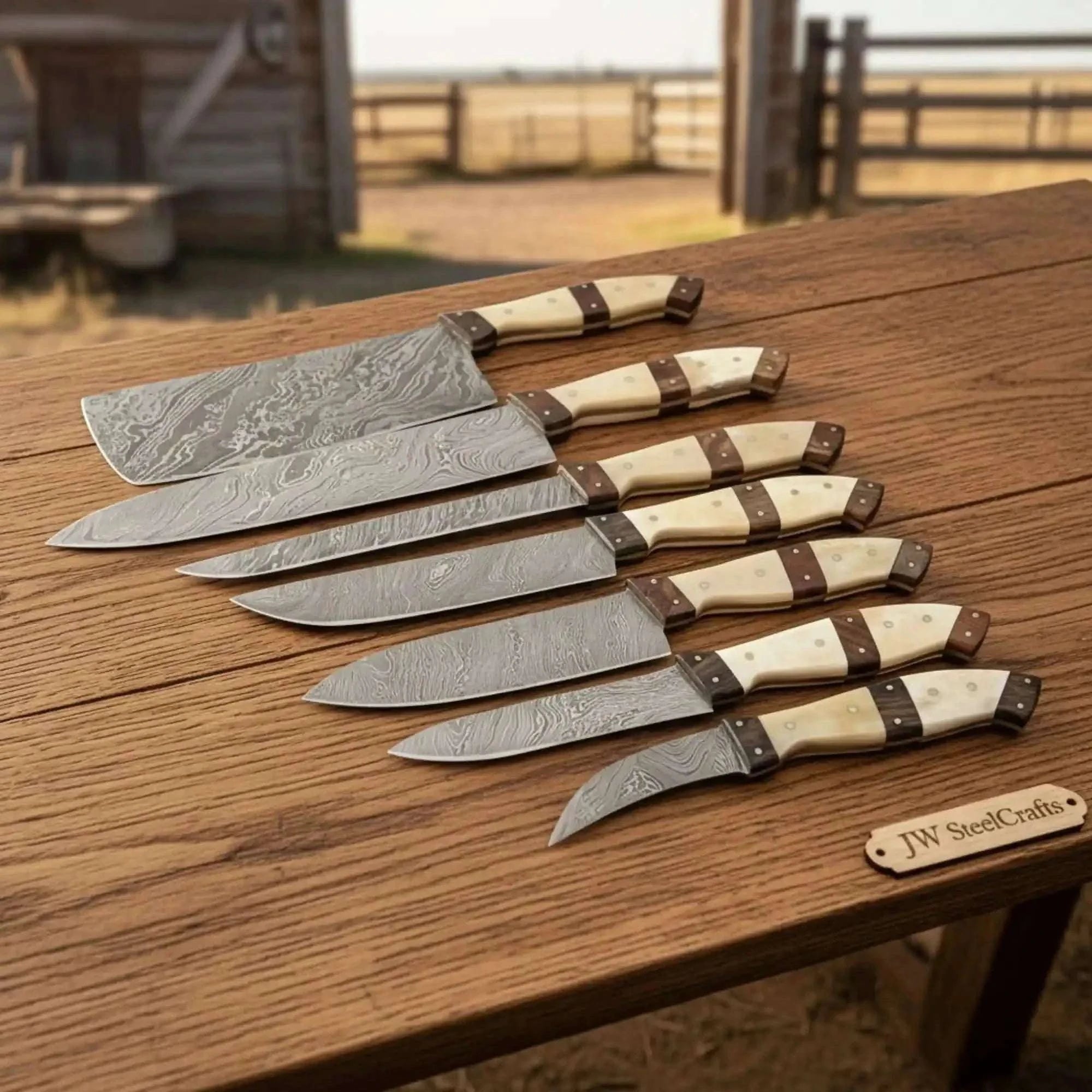 Palmarius Outdoors 7-Piece Damascus Kitchen Knife Set — Cleaver, Gyuto, Santoku, Bunka, Utility & Paring with Bone and Rosewood Handles Handmade Chef Knife Sets
