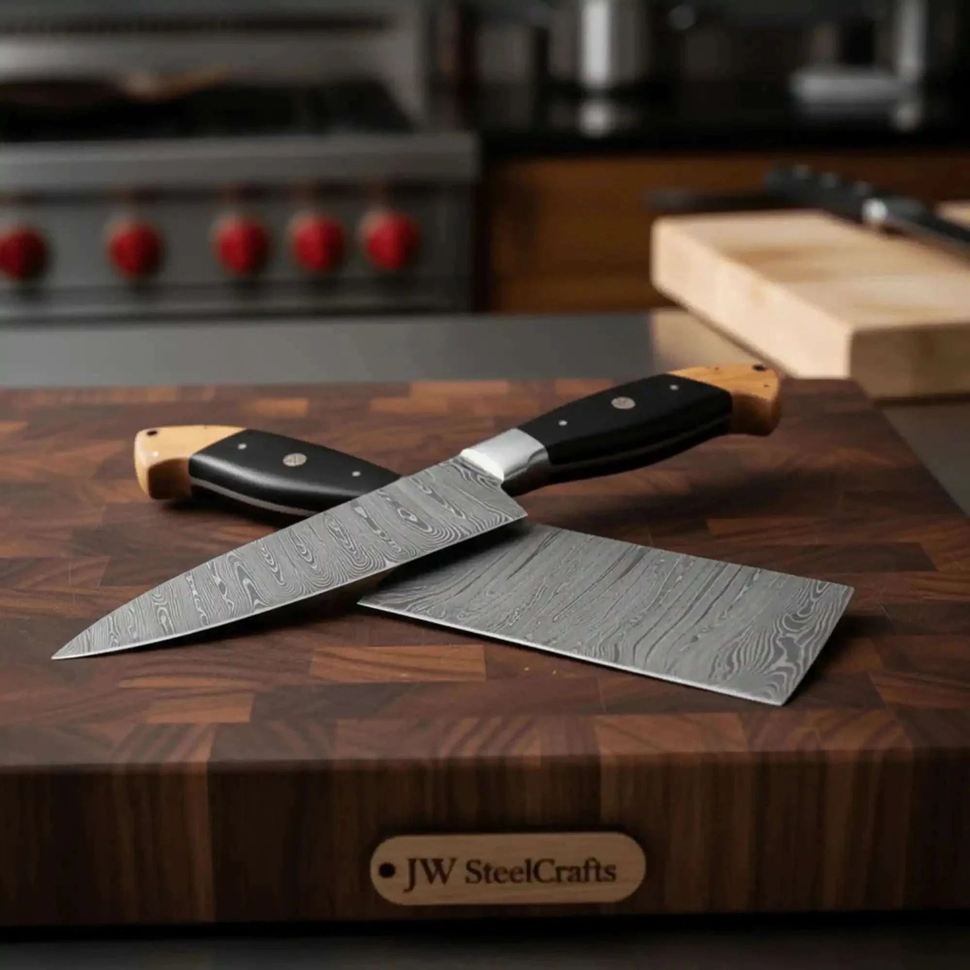 Palmarius Outdoors Premium Damascus Cleaver and Santoku knife Set — Olive Wood & Black Resin Handles, Full Tang Chef Knives Santoku Knife
