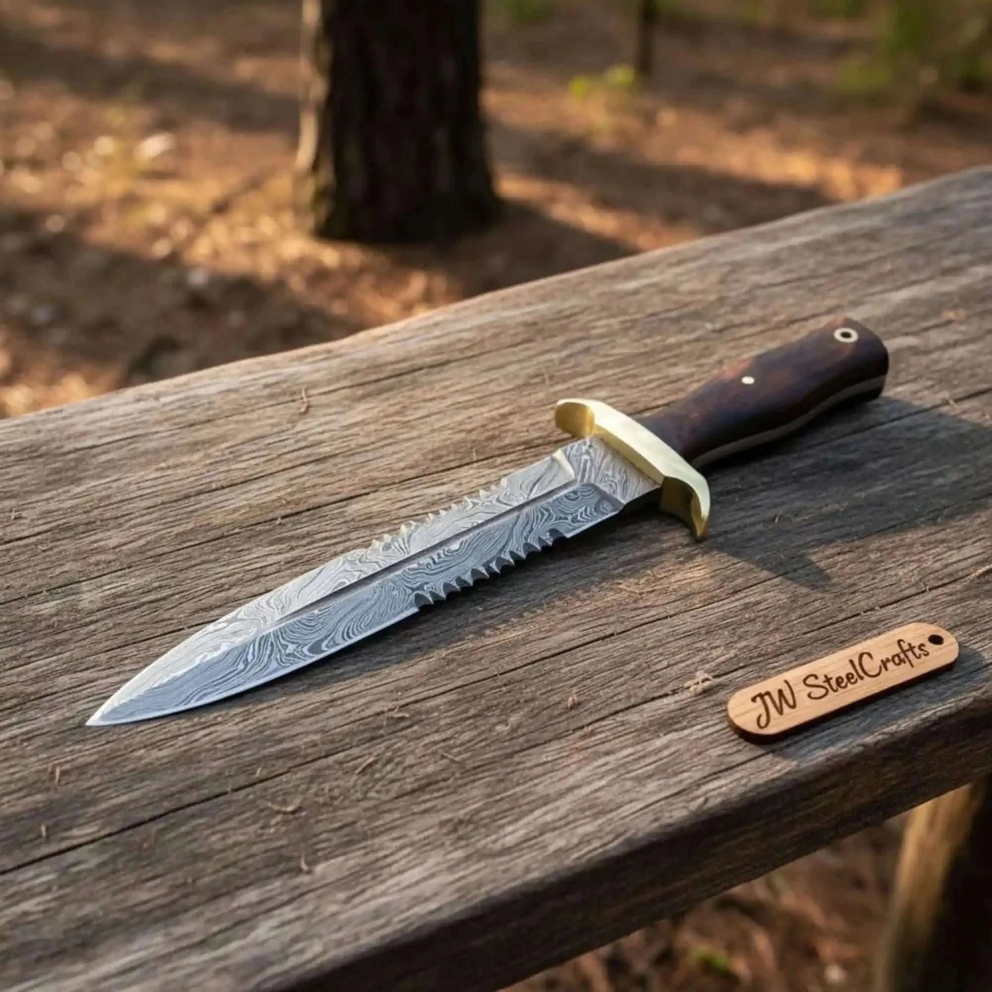 Palmarius Outdoors Hammer forged Damascus Dagger Knife with 8” Double Edge Serrated Blade, Sawback Spine, Brass Guard, Rosewood Handle (Full Tang Fixed Blade) Frontier Bowie Knives