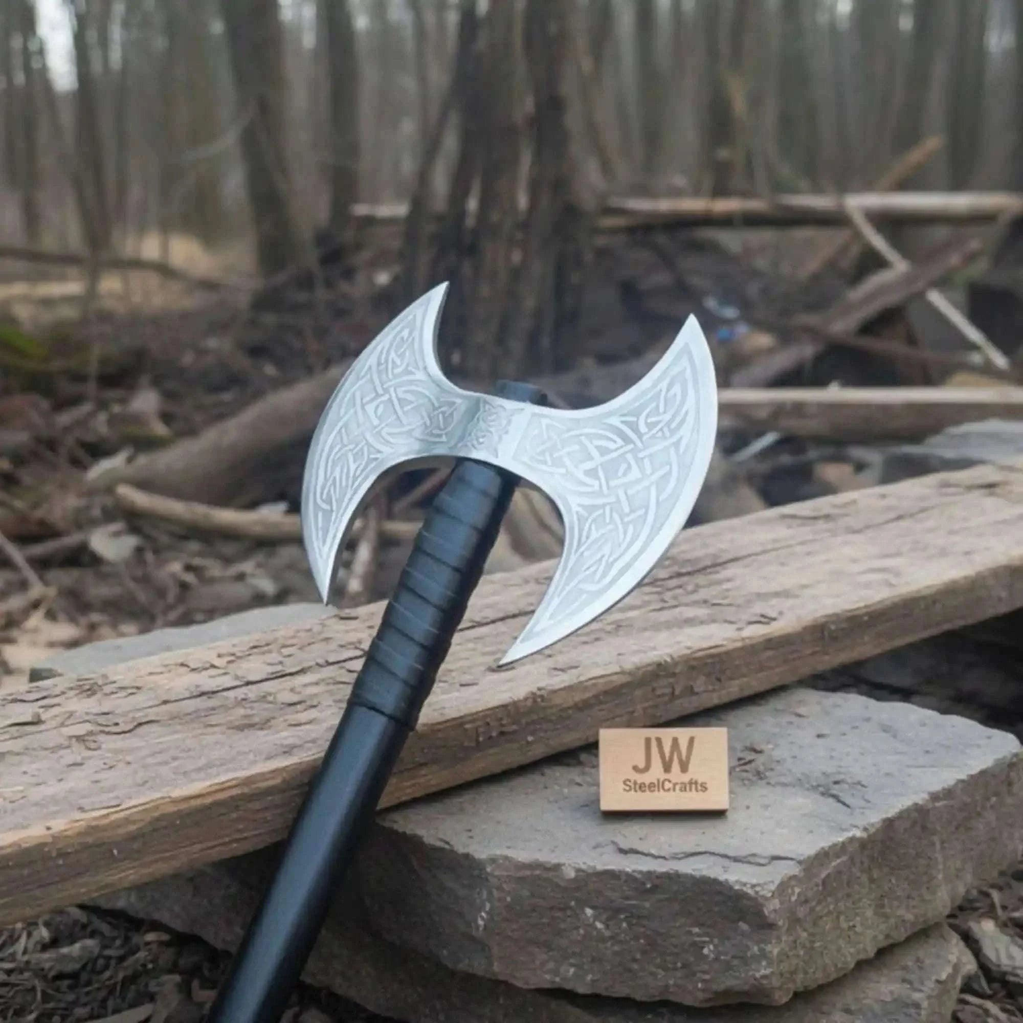 Palmarius Outdoors Custom Handmade Double-Headed Viking Axe with Nordic Knotwork Engravings and Cord-Wrapped Handle Handmade Axe