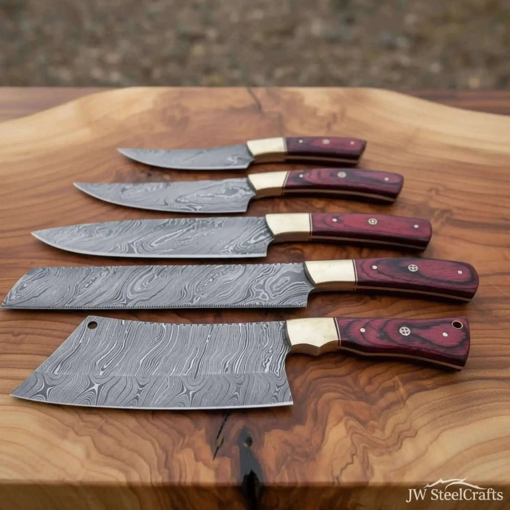 Palmarius Outdoors 5-piece Damascus chef knife set with butcher cleaver – red pakka wood and brass bolster Handmade Chef Knife Sets