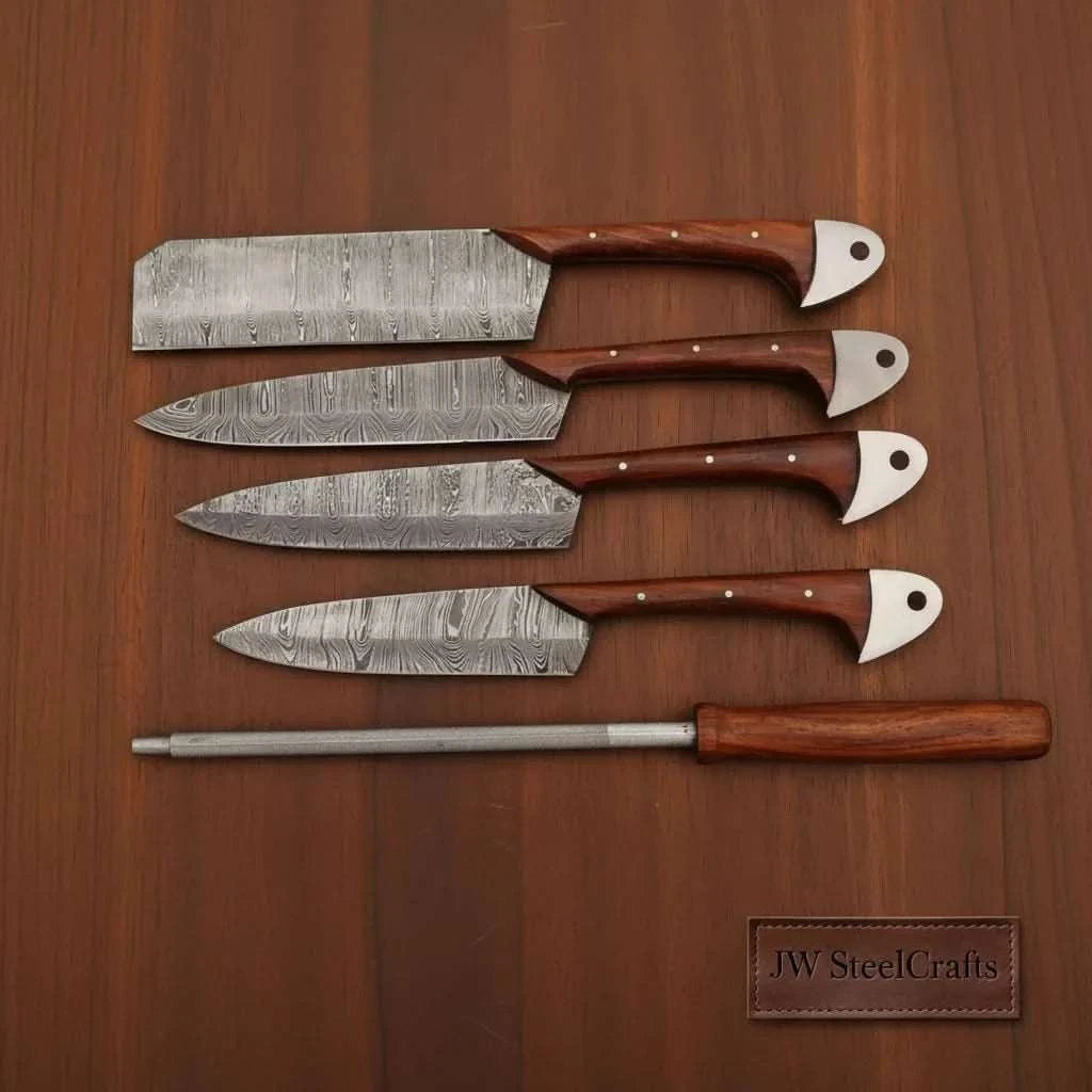 Palmarius Outdoors Hand-Forged Damascus Chef Knife Set with Leather Roll & Sharpening Rod - Rosewood Handle Collection Handmade Chef Knife Sets
