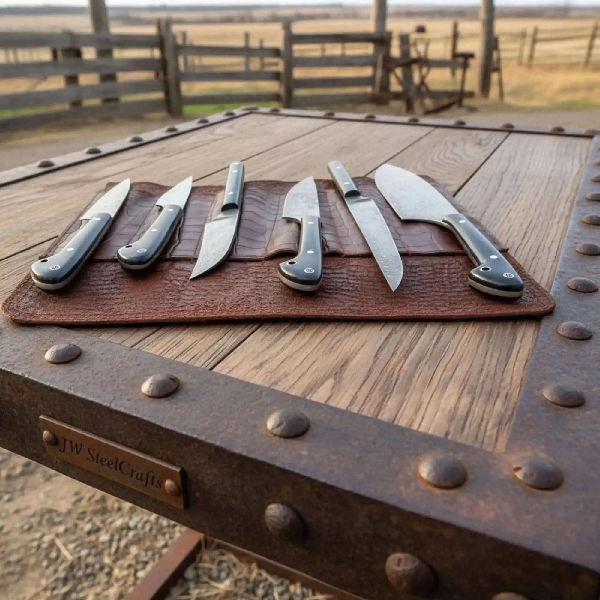 Palmarius Outdoors 6-Piece Damascus Kitchen Knife Set with Leather Roll — Black Resin Handles, Steel Bolsters, 7 to 10 Inch Blades | JW Steel Crafts Handmade Chef Knife Sets