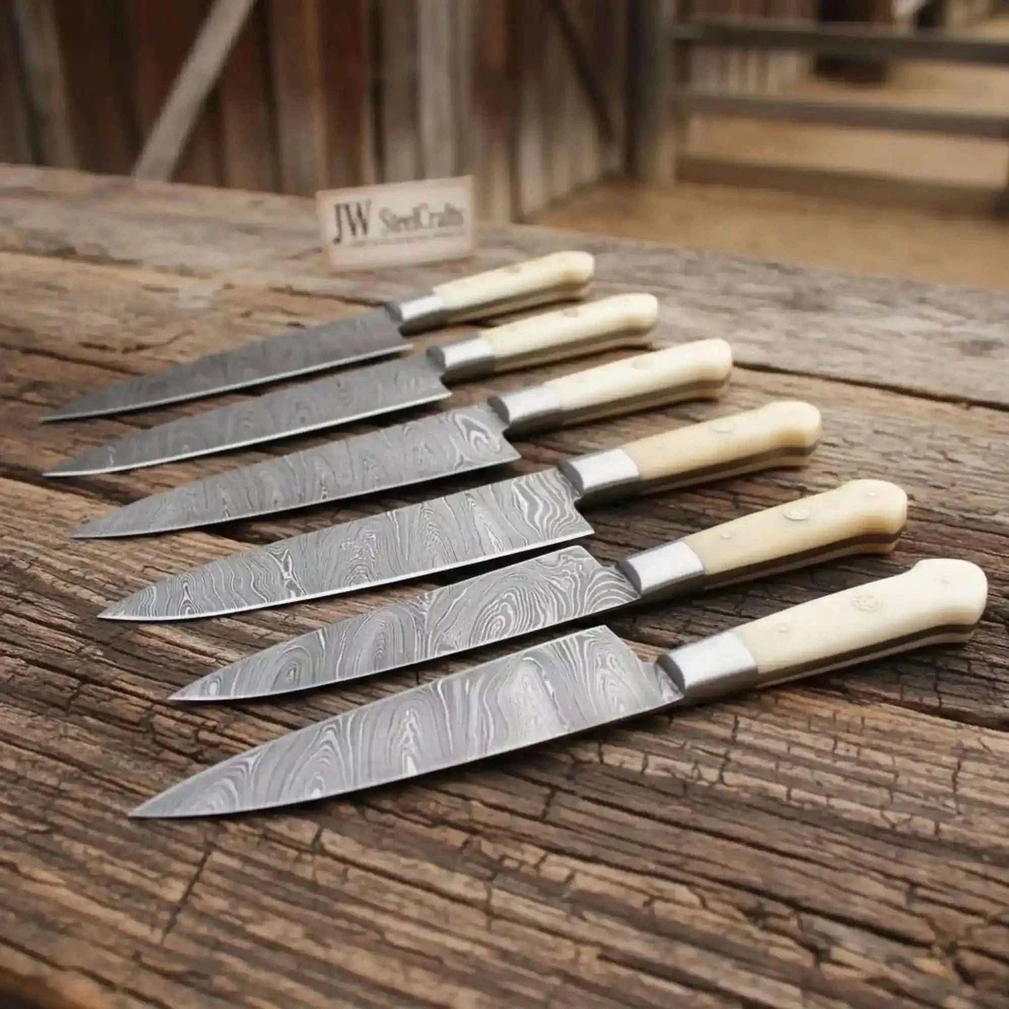 Palmarius Outdoors Damascus Steak Knife Set of 6 — Twisted Damascus Blades, Bone Handles, Steel Bolster, Mosaic Pin & Full Tang Steak Knives