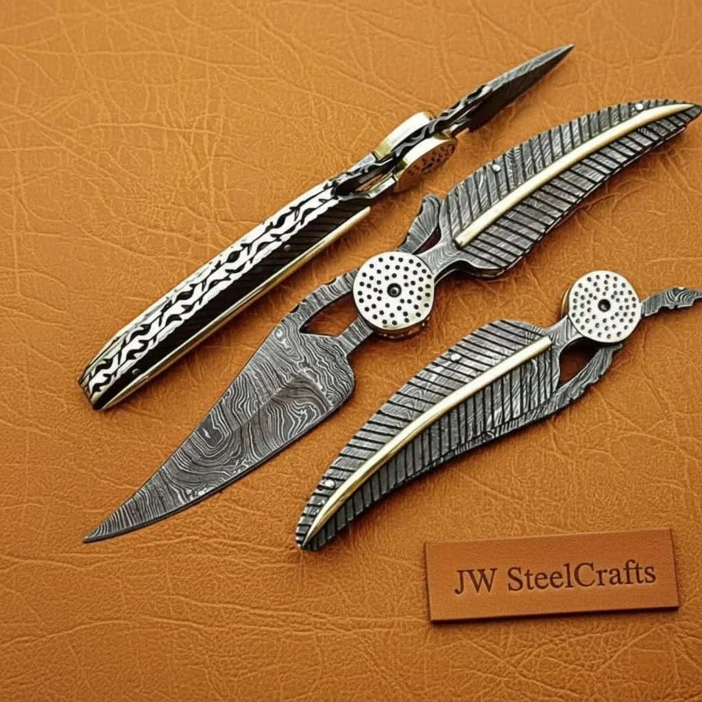 Palmarius Outdoors Damascus Steel Folding Knife with Sculpted Feather Handle & Brass Inlay | Handcrafted EDC Pocket Knife Liner Lock Folder