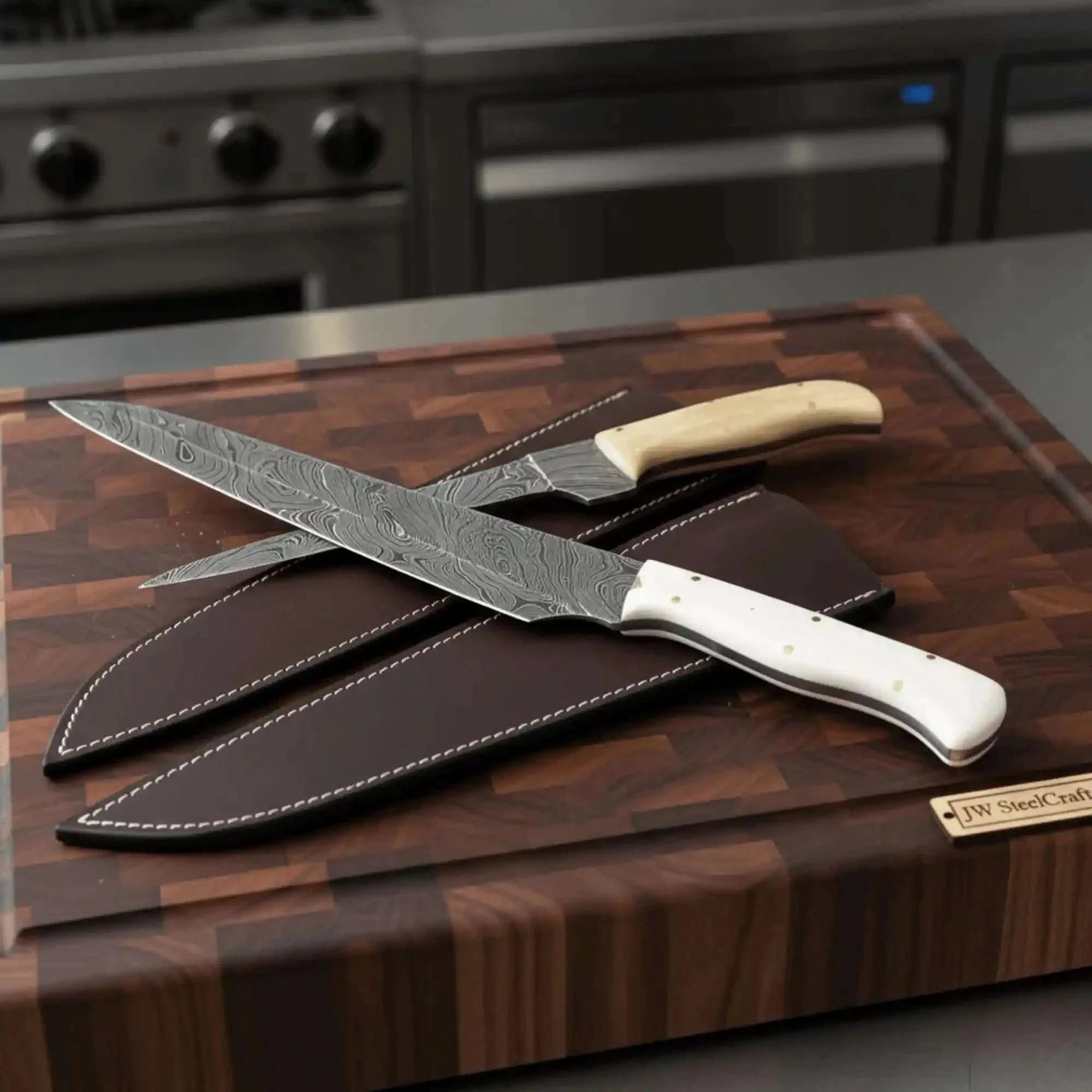 Palmarius Outdoors 2-Piece Damascus Carving & Utility Knife Set — Twisted Pattern Blades, White Camel Bone Handles Damascus Steel Chef Knives