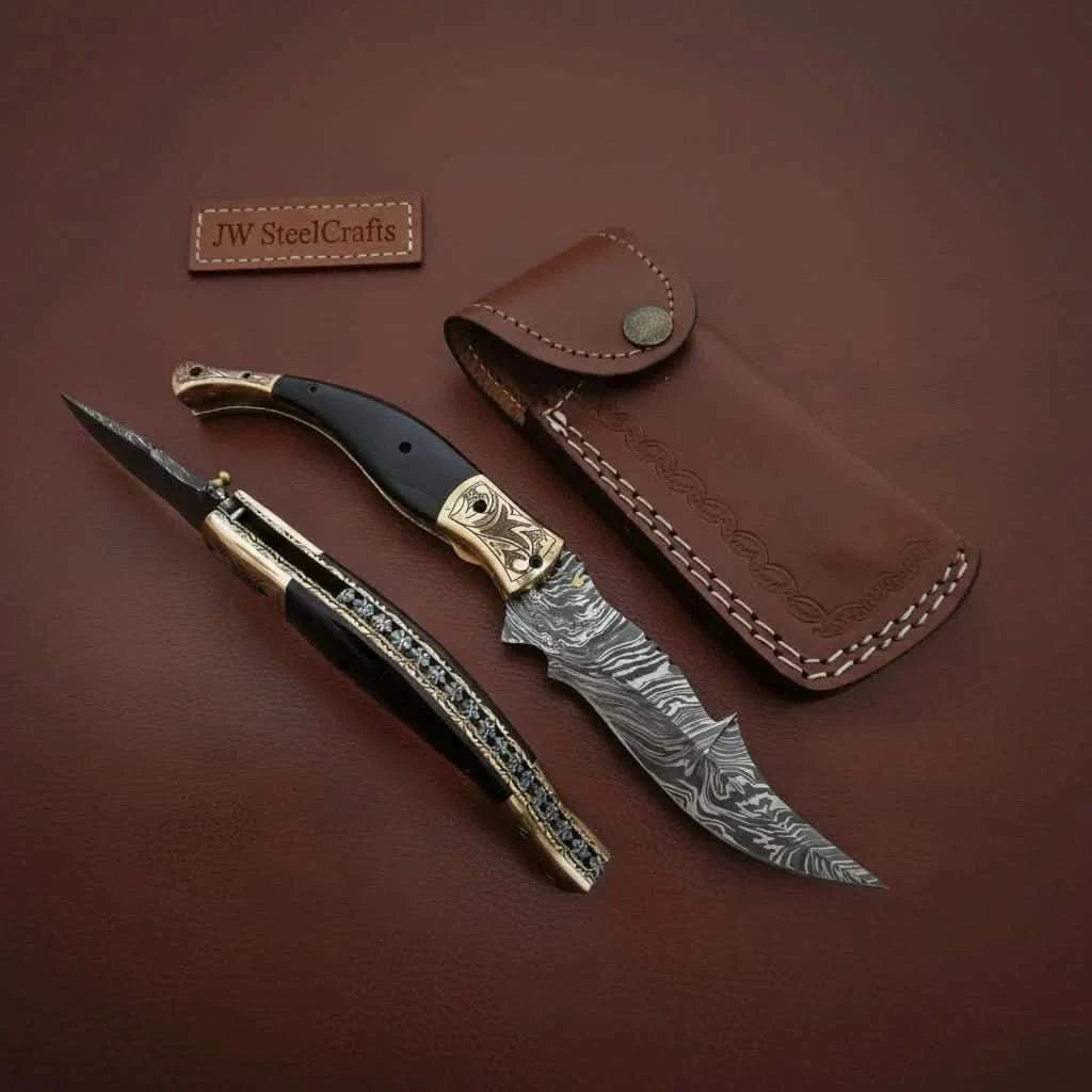 Palmarius Outdoors Handmade Damascus Steel Folding Knife with Teal Handle, Engraved Bolster & Leather Sheath Liner Lock Folder