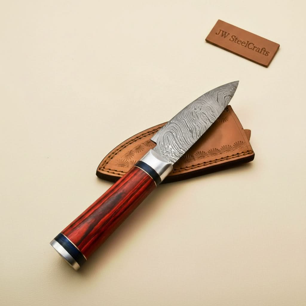 Palmarius Outdoors Handmade Damascus Petty Knife – 4-Inch Blade | Red Pakkawood Handle & Steel Bolster | 8" Overall Damascus Steel Chef Knives