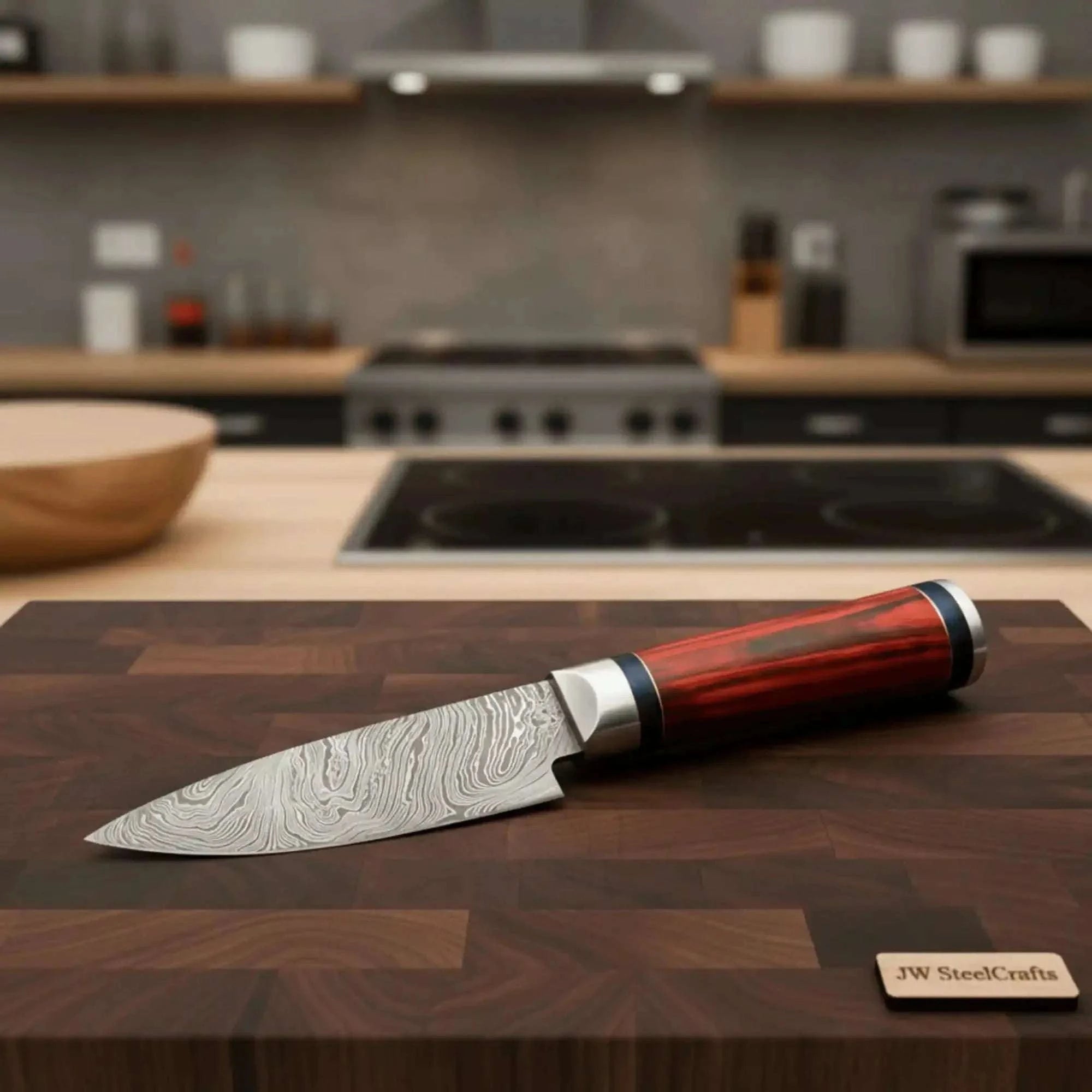 Palmarius Outdoors Handmade Damascus Petty Knife – 4-Inch Blade | Red Pakkawood Handle & Steel Bolster | 8" Overall Damascus Steel Chef Knives
