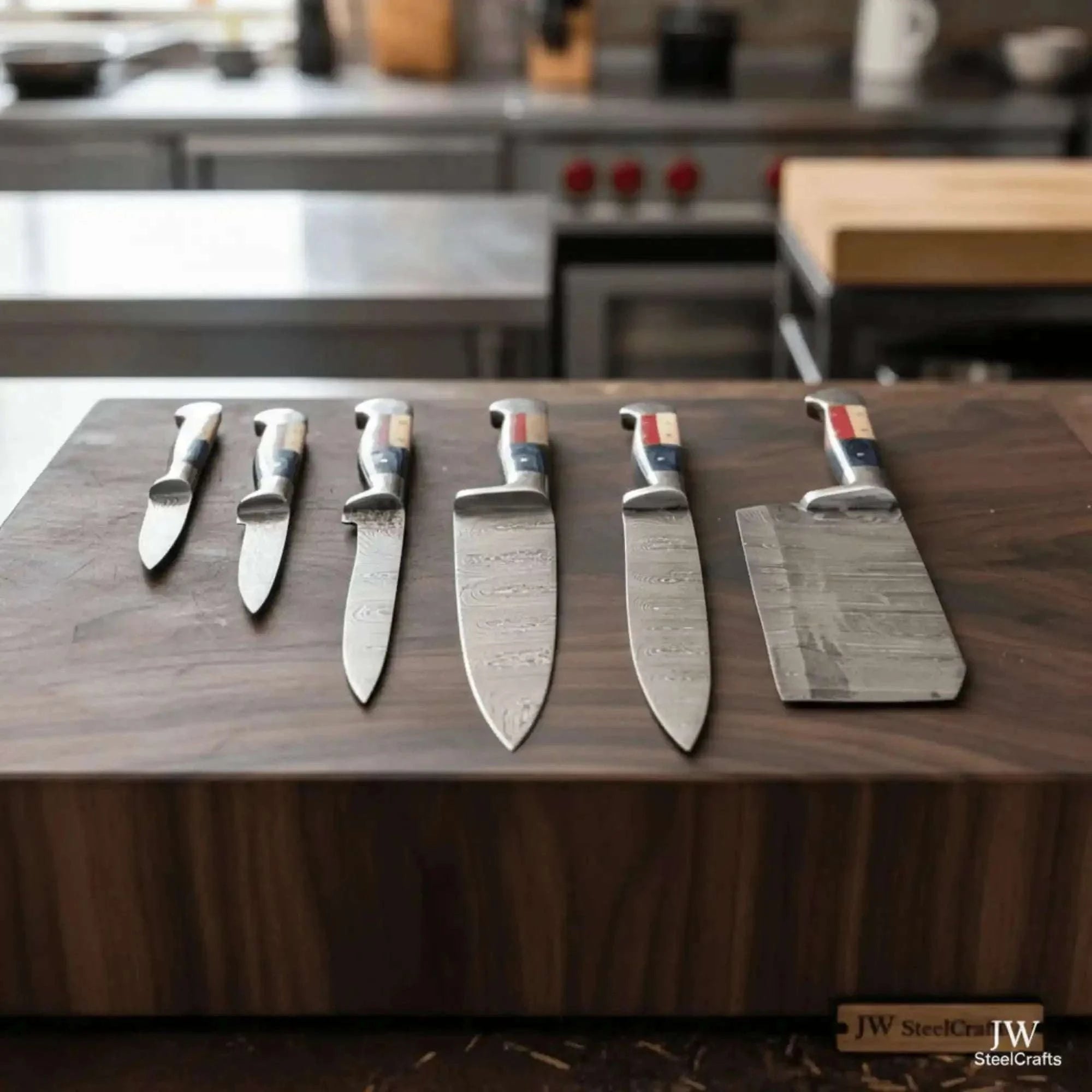 Palmarius Outdoors Texas Flag Handle Damascus 5-Piece Knife Set with Leather Kit Handmade Chef Knife Sets