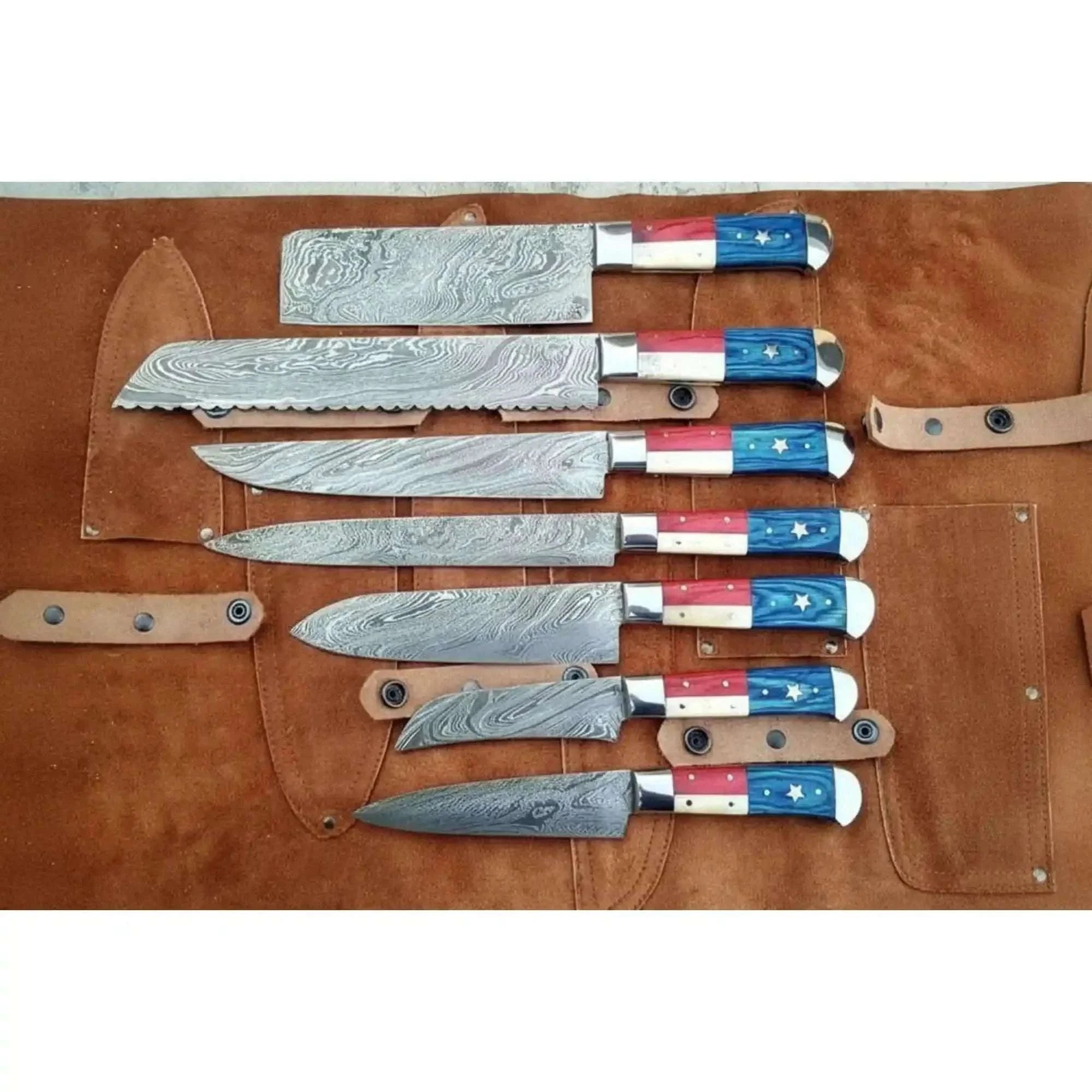 Palmarius Outdoors 8-Piece Texas Flag Damascus Knife Set with Cleaver, Bread Knife & More Handmade Chef Knife Sets