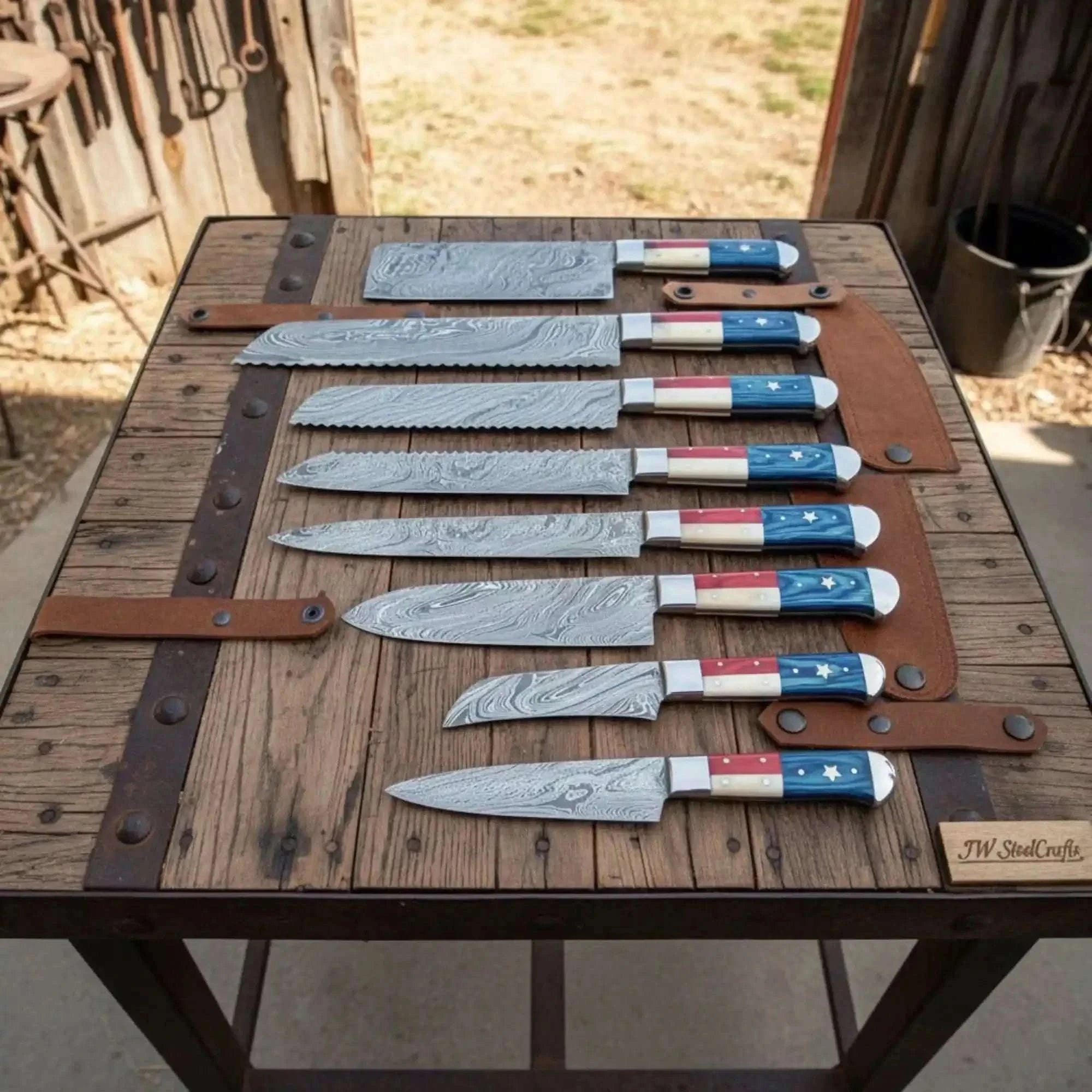 Palmarius Outdoors 8-Piece Texas Flag Damascus Knife Set with Cleaver, Bread Knife & More Handmade Chef Knife Sets