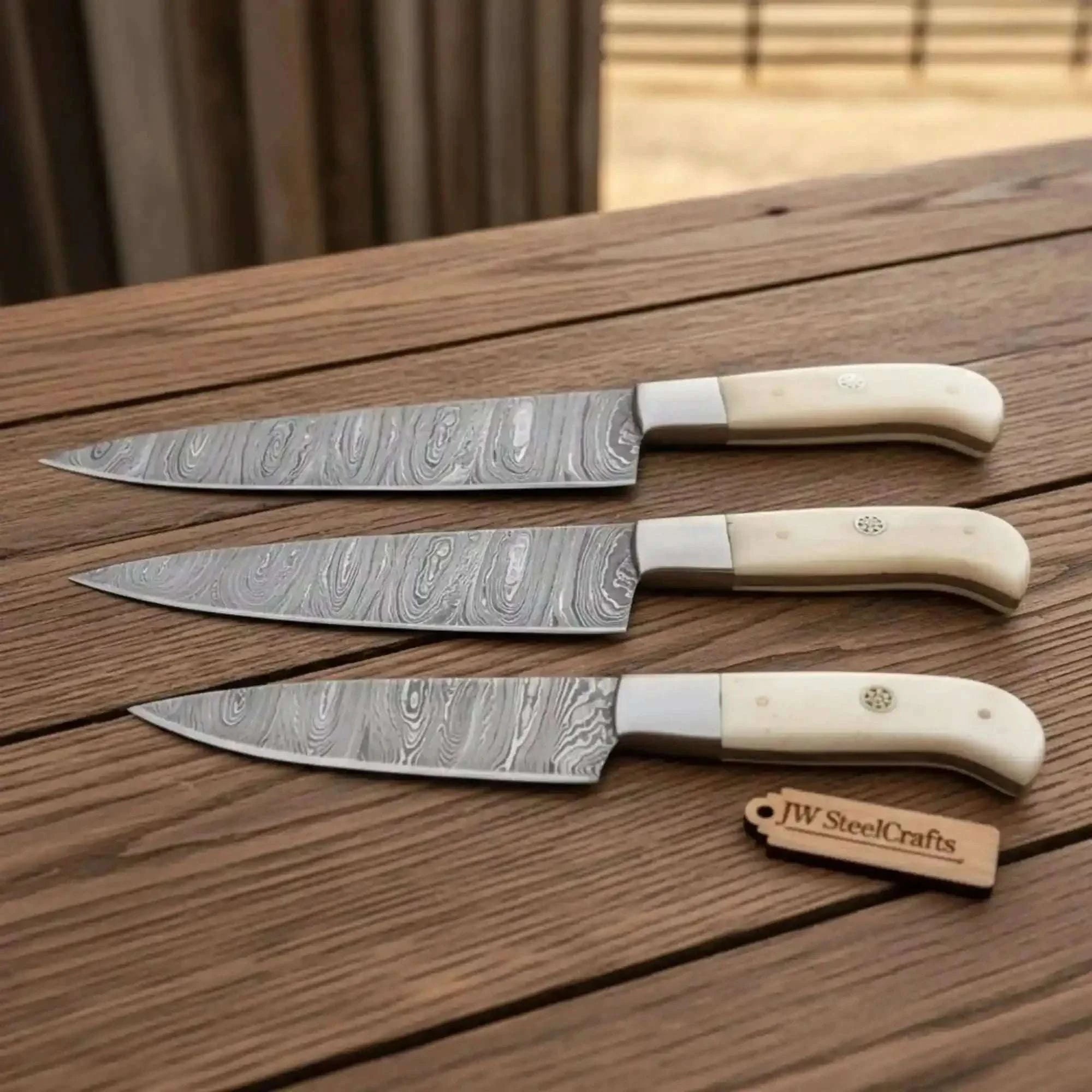 Palmarius Outdoors 3-Piece Damascus Steak Knife with Twisted Damascus Blades, Camel Bone Handles, Steel Bolster, Mosaic Pin & Full Tang Steak Knives