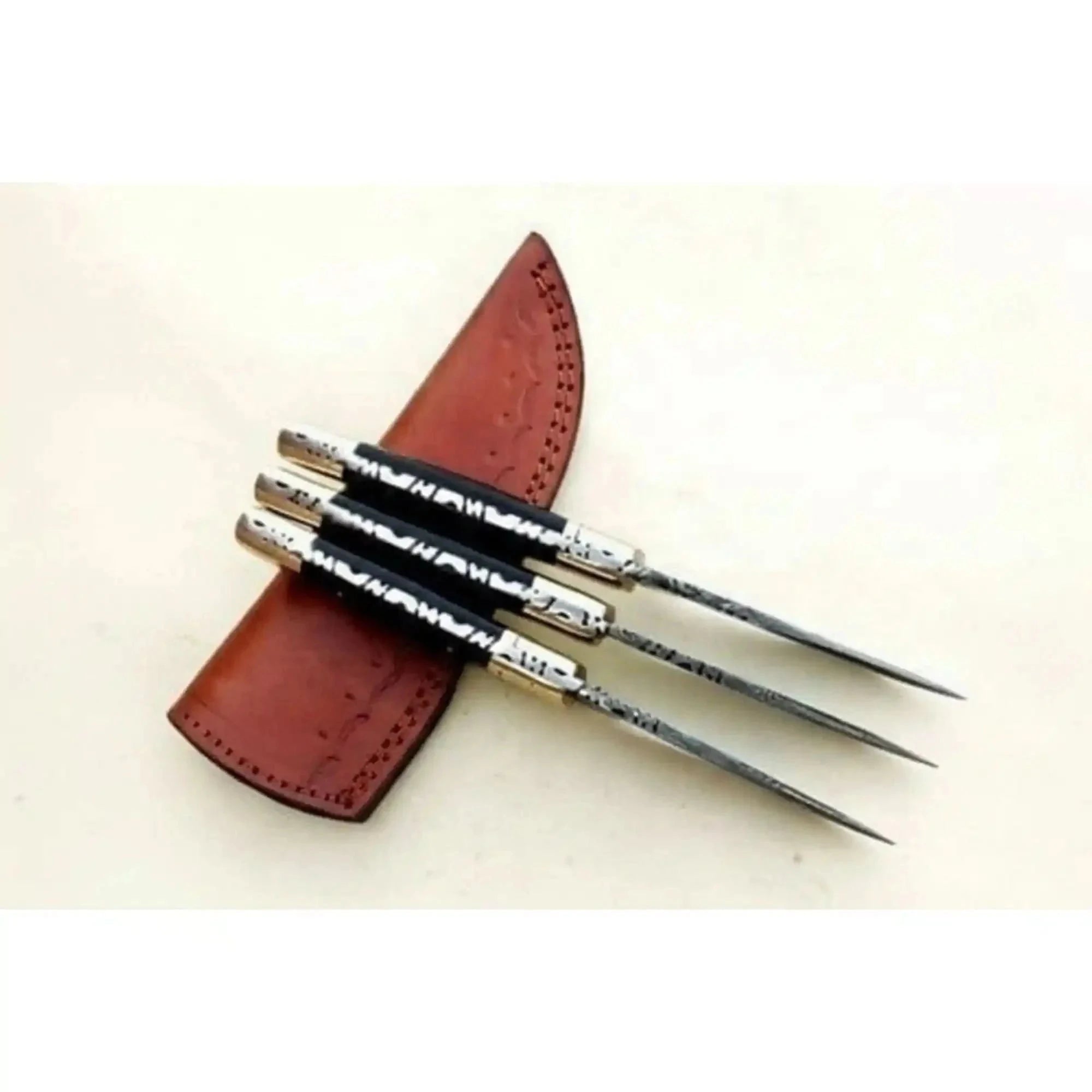Palmarius Outdoors Damascus Hunting Knife Set Brass and Black Micarta Handle Fixed Blade Trio Skinner Knife