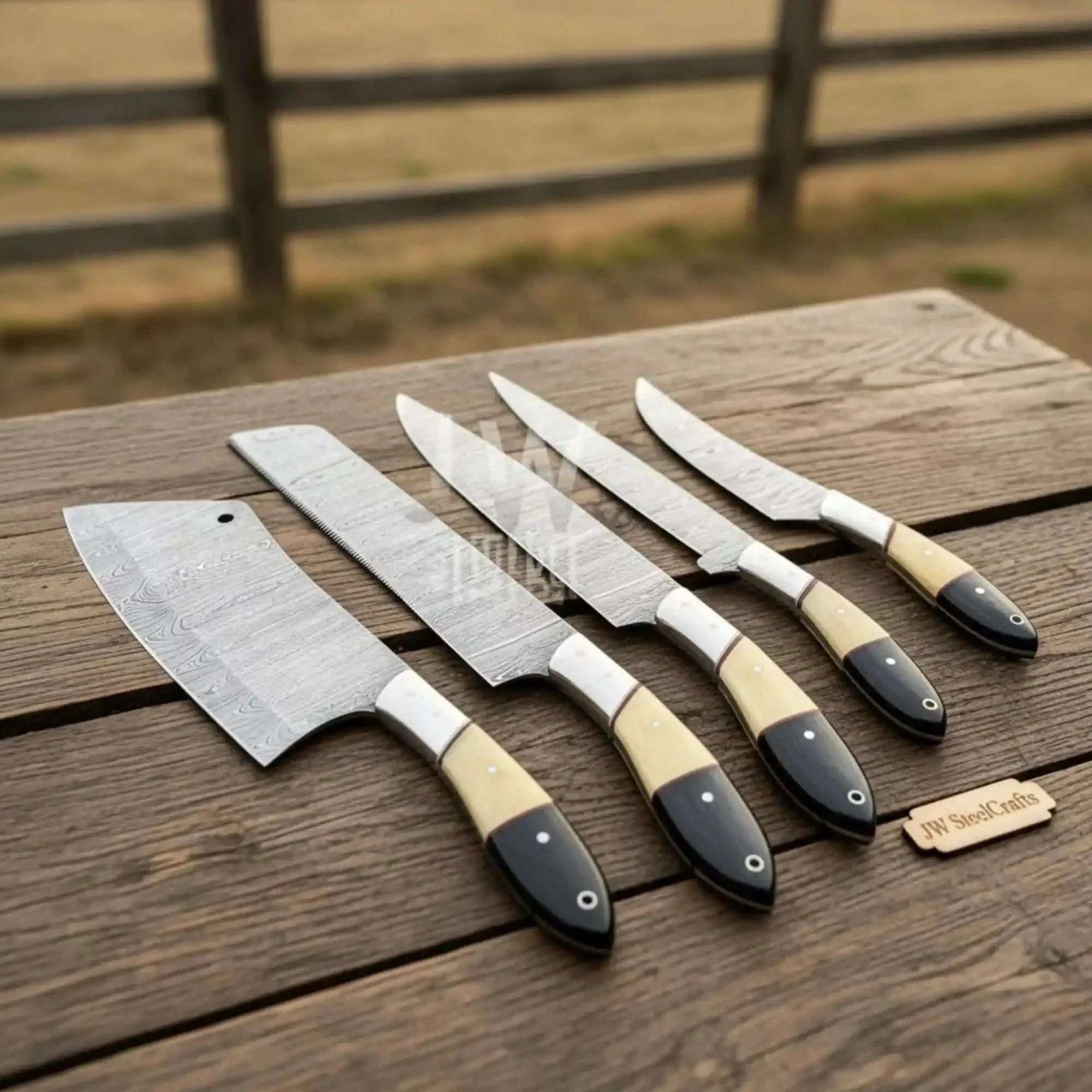 Palmarius Outdoors 5-Piece Handmade Damascus Chef Knife Set with Wood and Resin Handles Handmade Chef Knife Sets