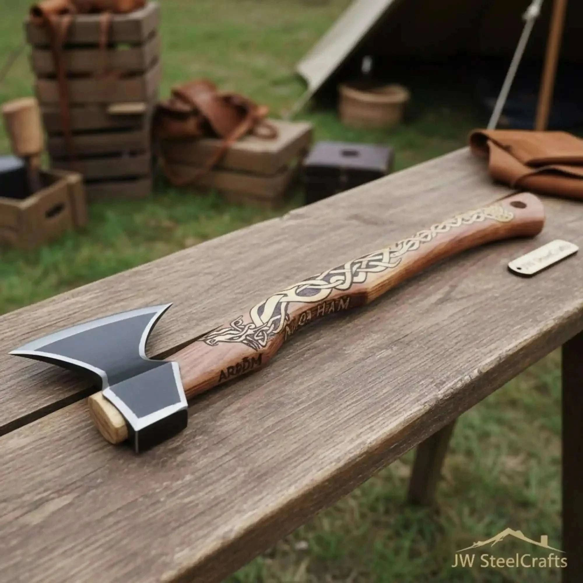 Palmarius Outdoors Hand-Forged Viking Bearded Camp Axe with Engraved Hardwood Handle Handmade Axe