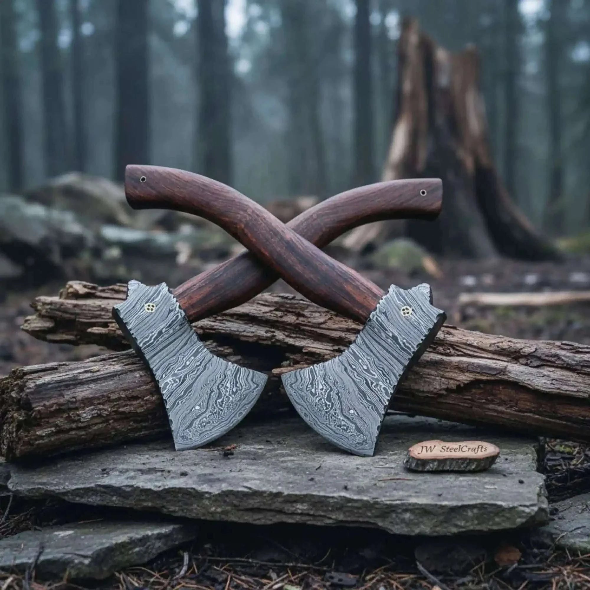 Palmarius Outdoors Hollowpine Twin Hatchet Set with Wood Grain Damascus Steel Heads Handmade Axe