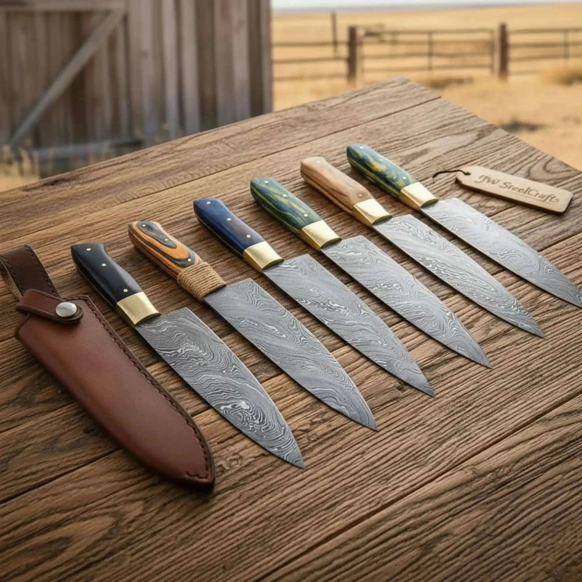 Palmarius Outdoors 6-Piece Twisted Damascus Chef Knife Set with Multi-Color Handles Handmade Chef Knife Sets